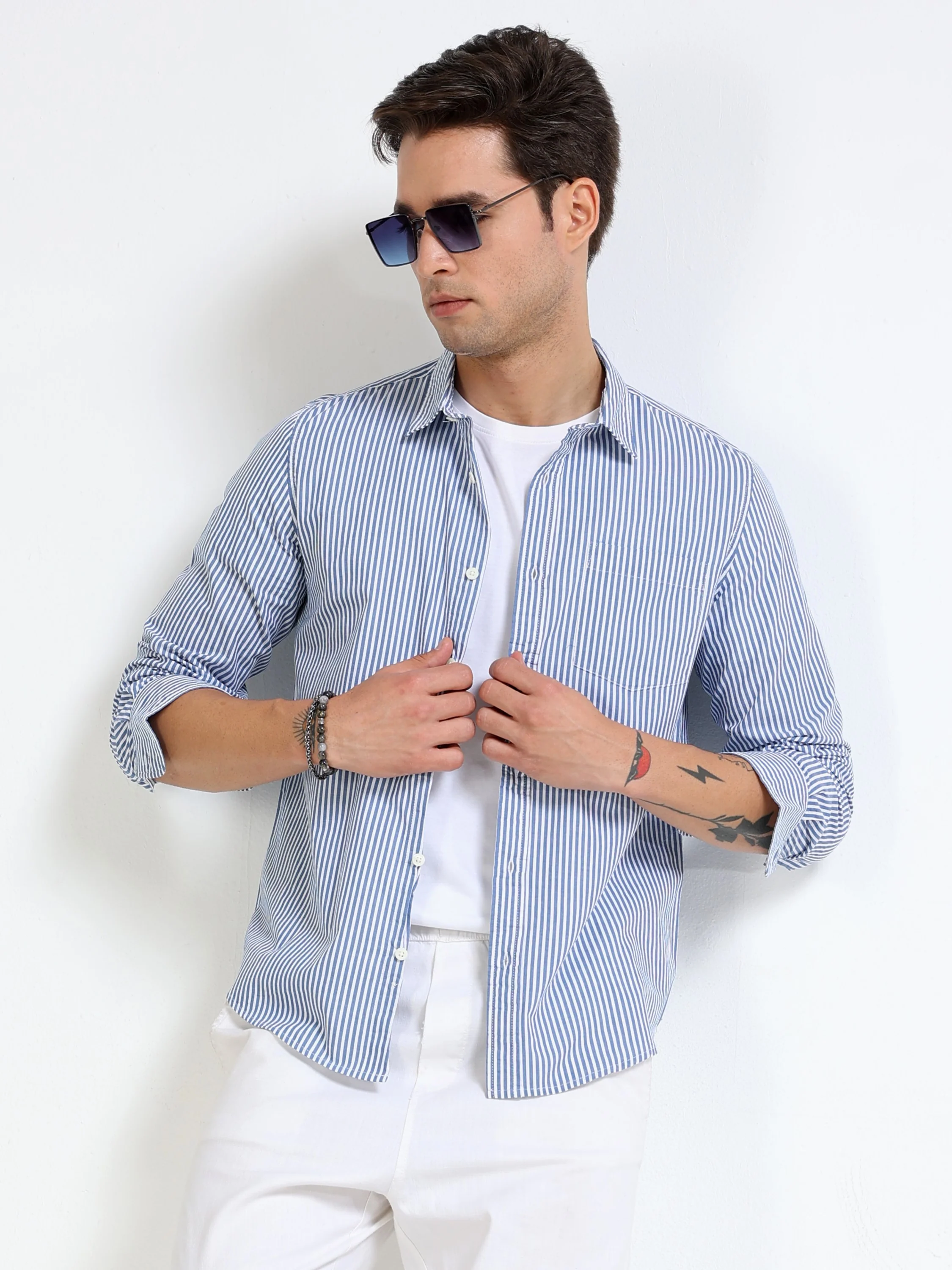 Men Blue & White Stripe Shirt