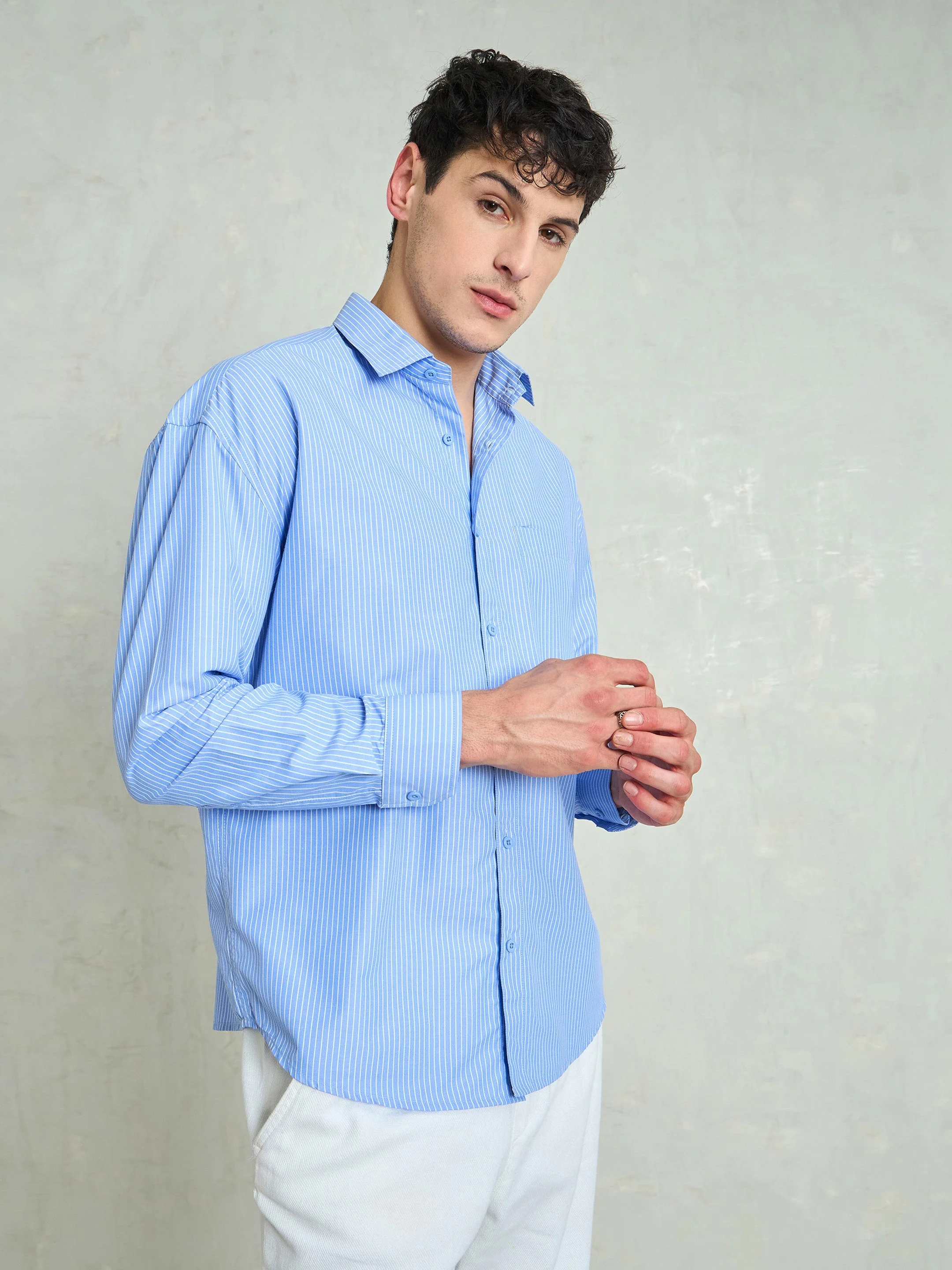 Men Blue & White Striped Basic Relax Fit Shirt