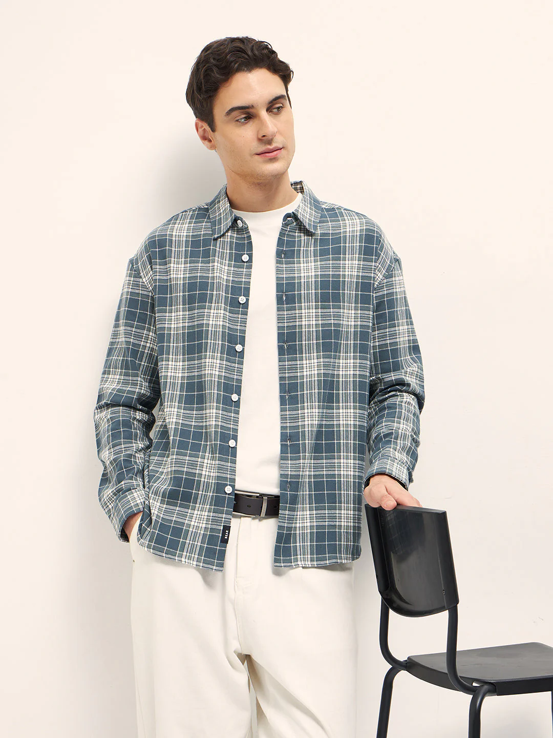 Men Blue Woven Checked Design Relax Fit Overshirt