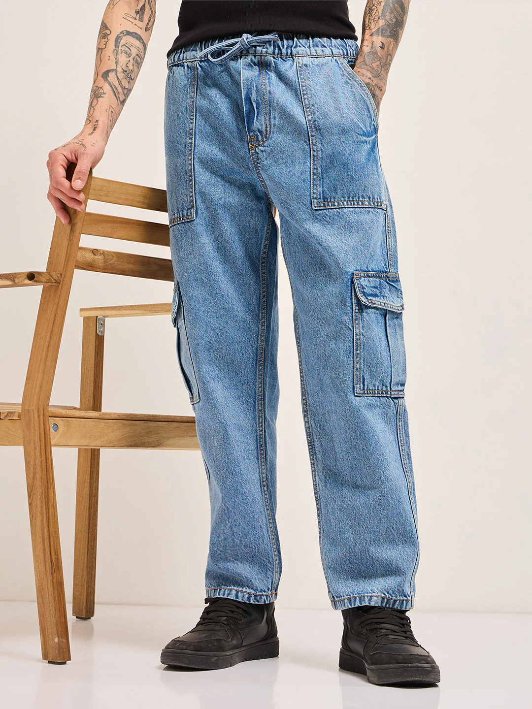 Men BlueMid Fade Mid-Rise Baggy Fit Cargo Jeans