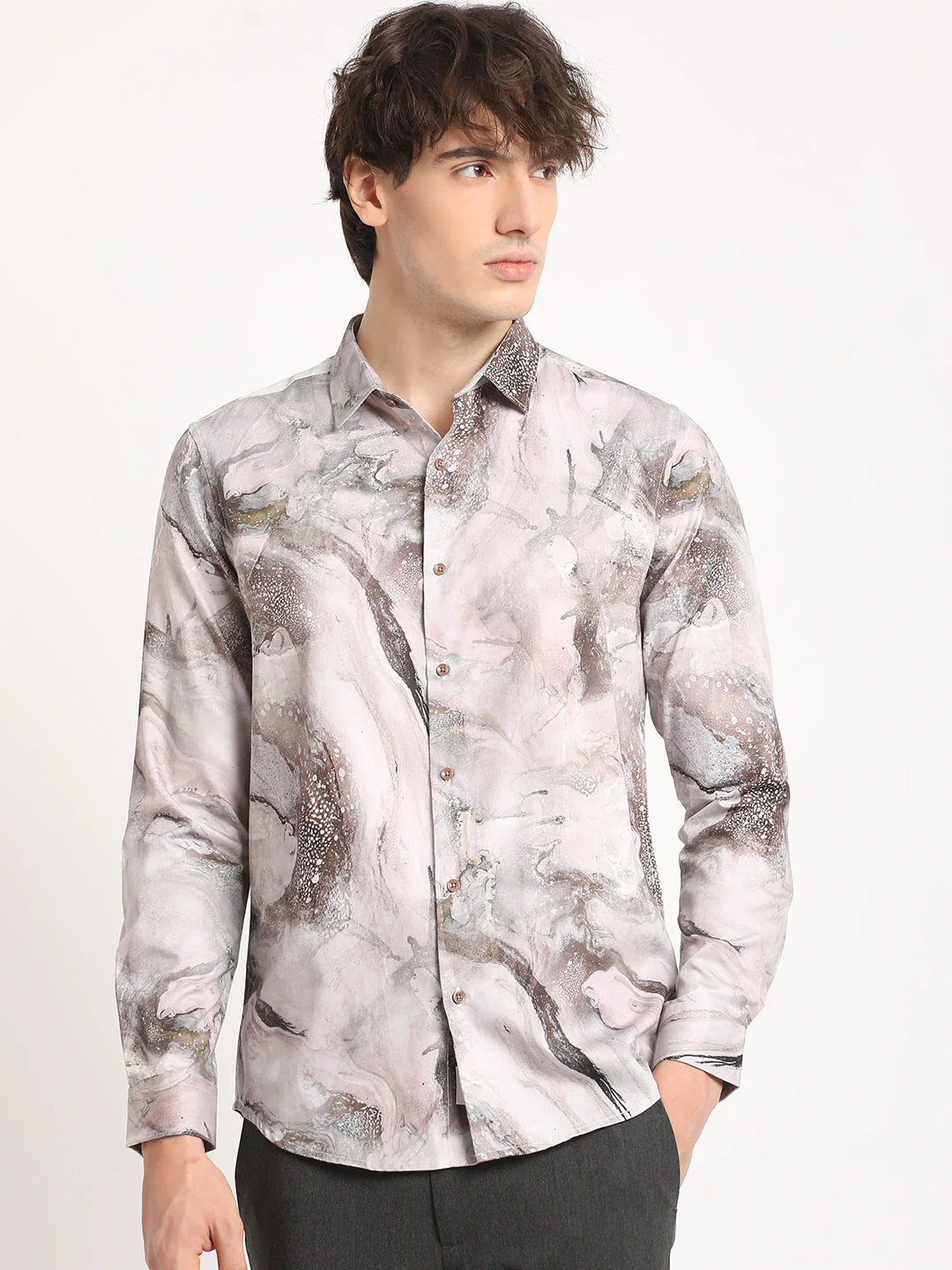 Men Brown Artistic Marble Design Print Long-Sleeve Slim Fit Casual Shirt - Image 2