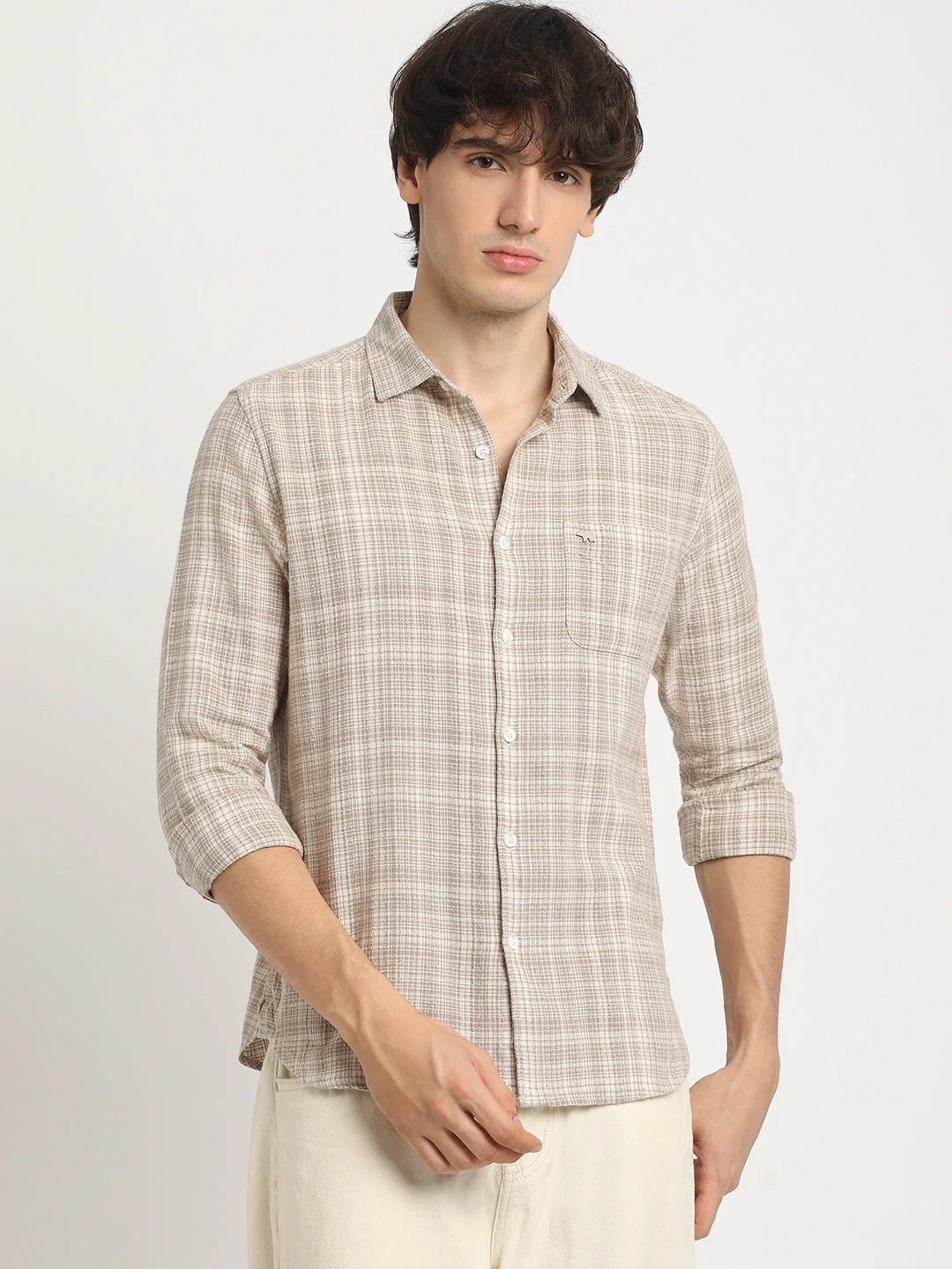 Men Brown Checked Slim Fit Cotton Casual Shirt - Image 2