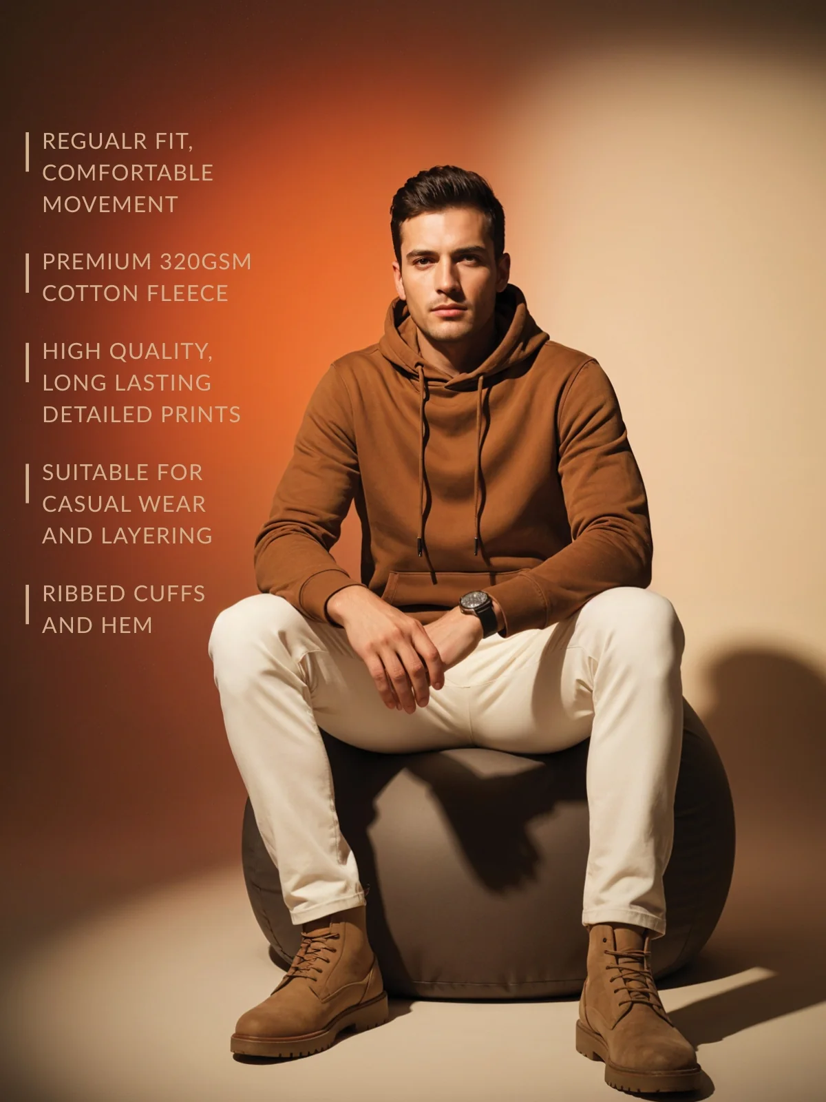 Men Brown Cotton Fleece Hoodie - Image 3