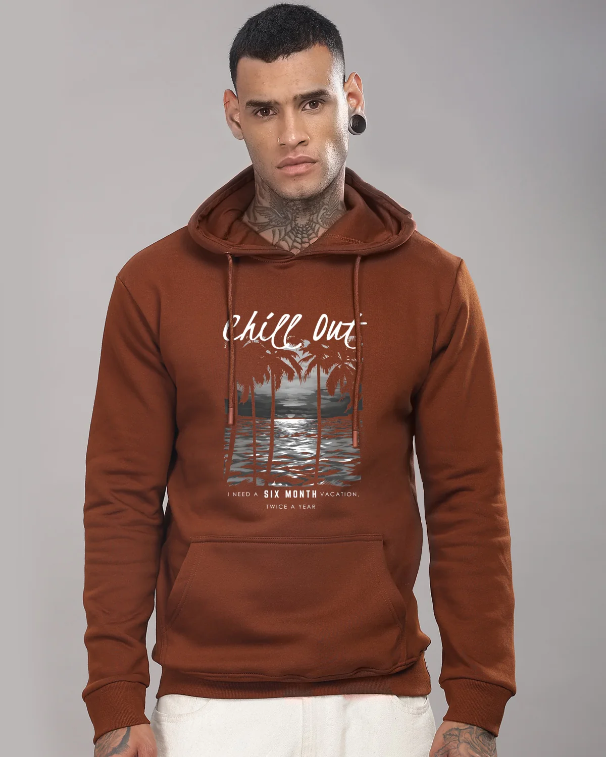 Men Brown Printed Hoodie