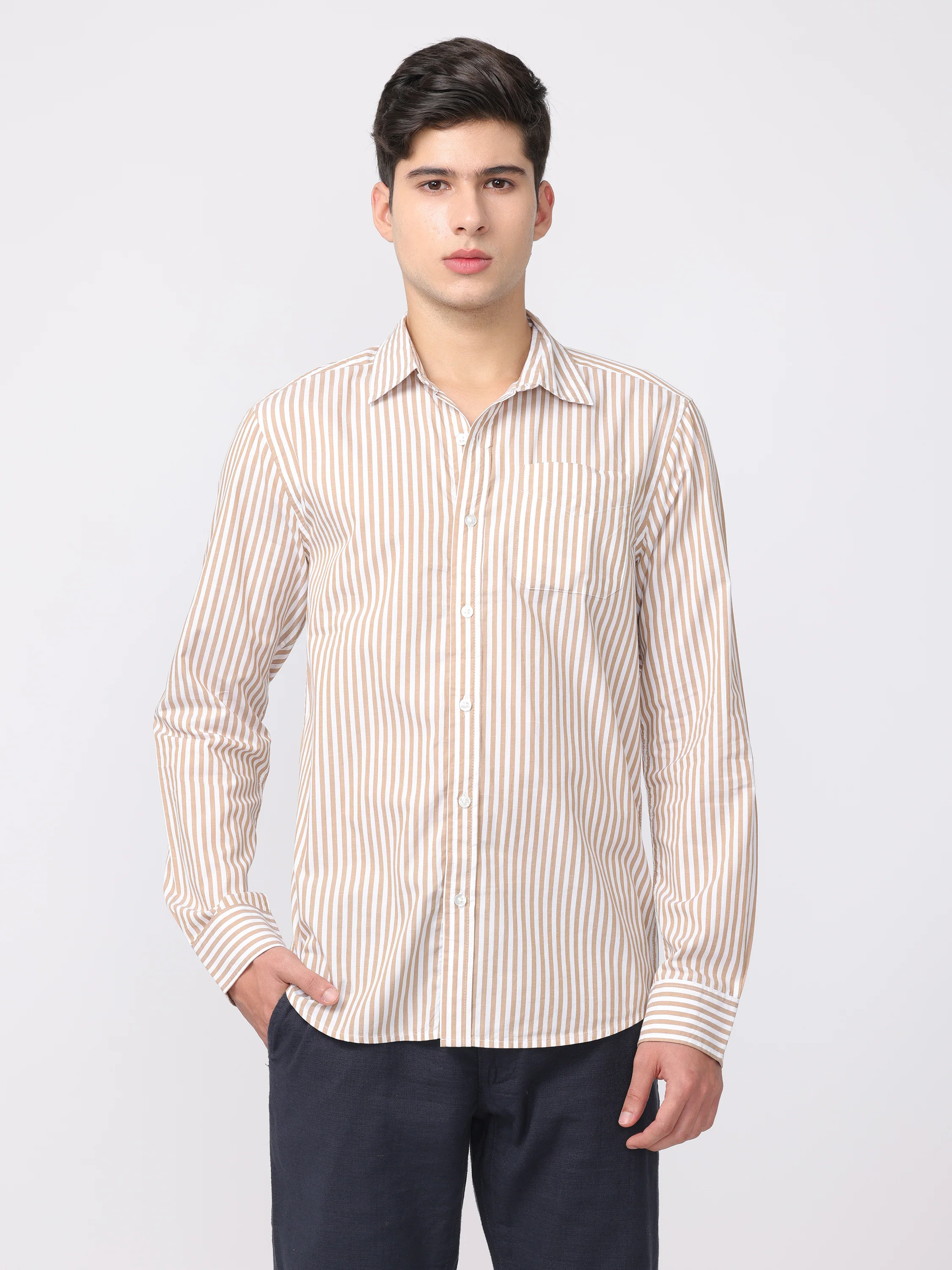 Men Brown Regular Fit Striped Shirt - Image 2