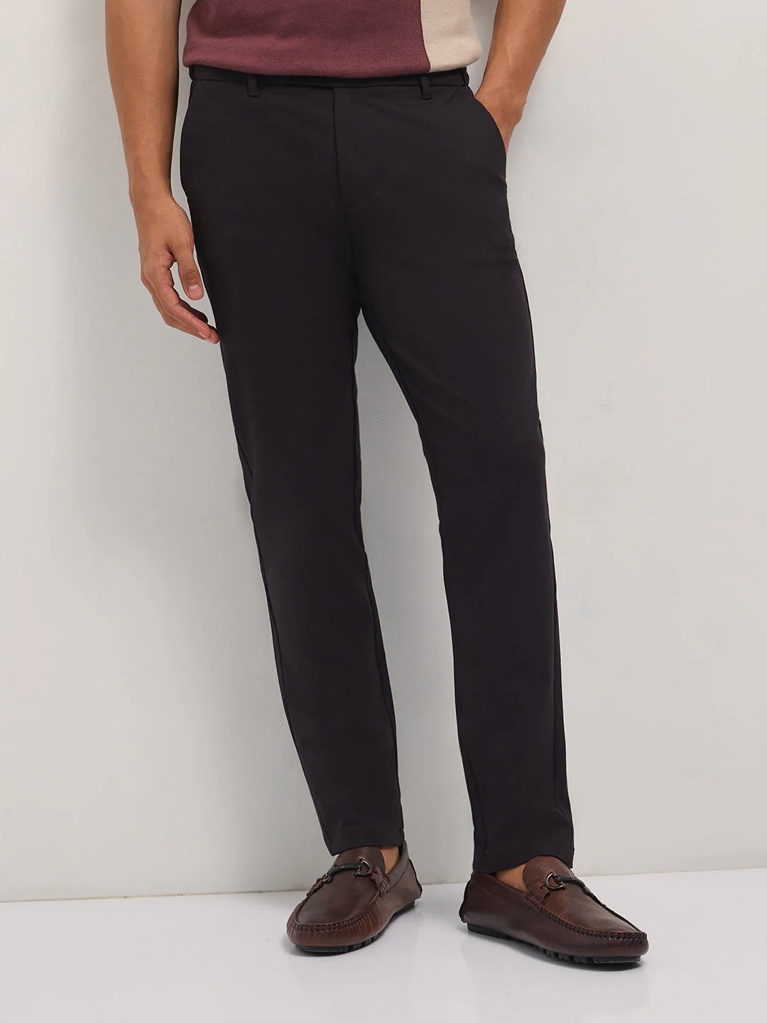 Men Brown Solid Polyester Blend Slim Fit Formal Trousers