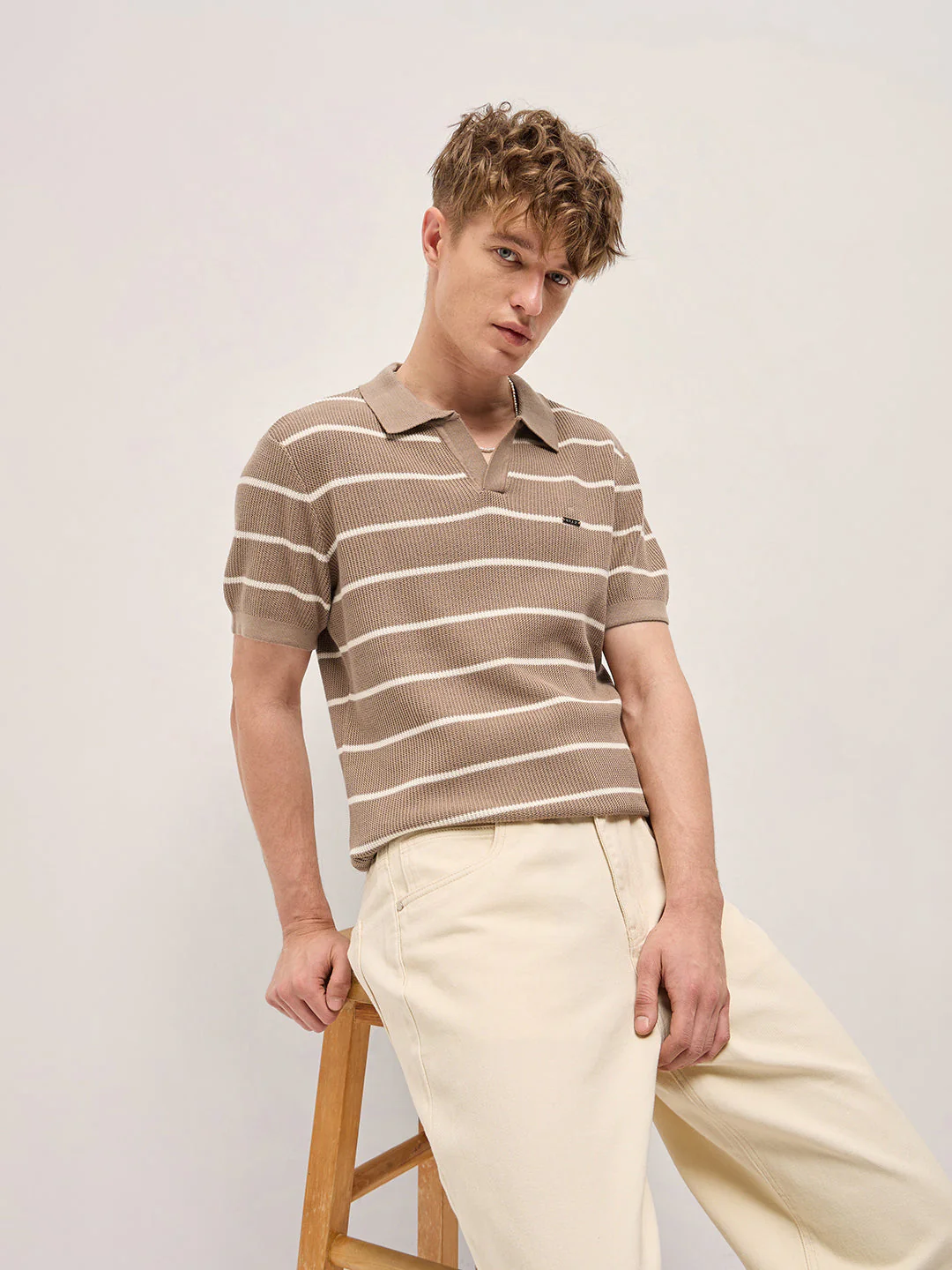 Men Brown Texture Horizontal Stripes Slim Fit Polo