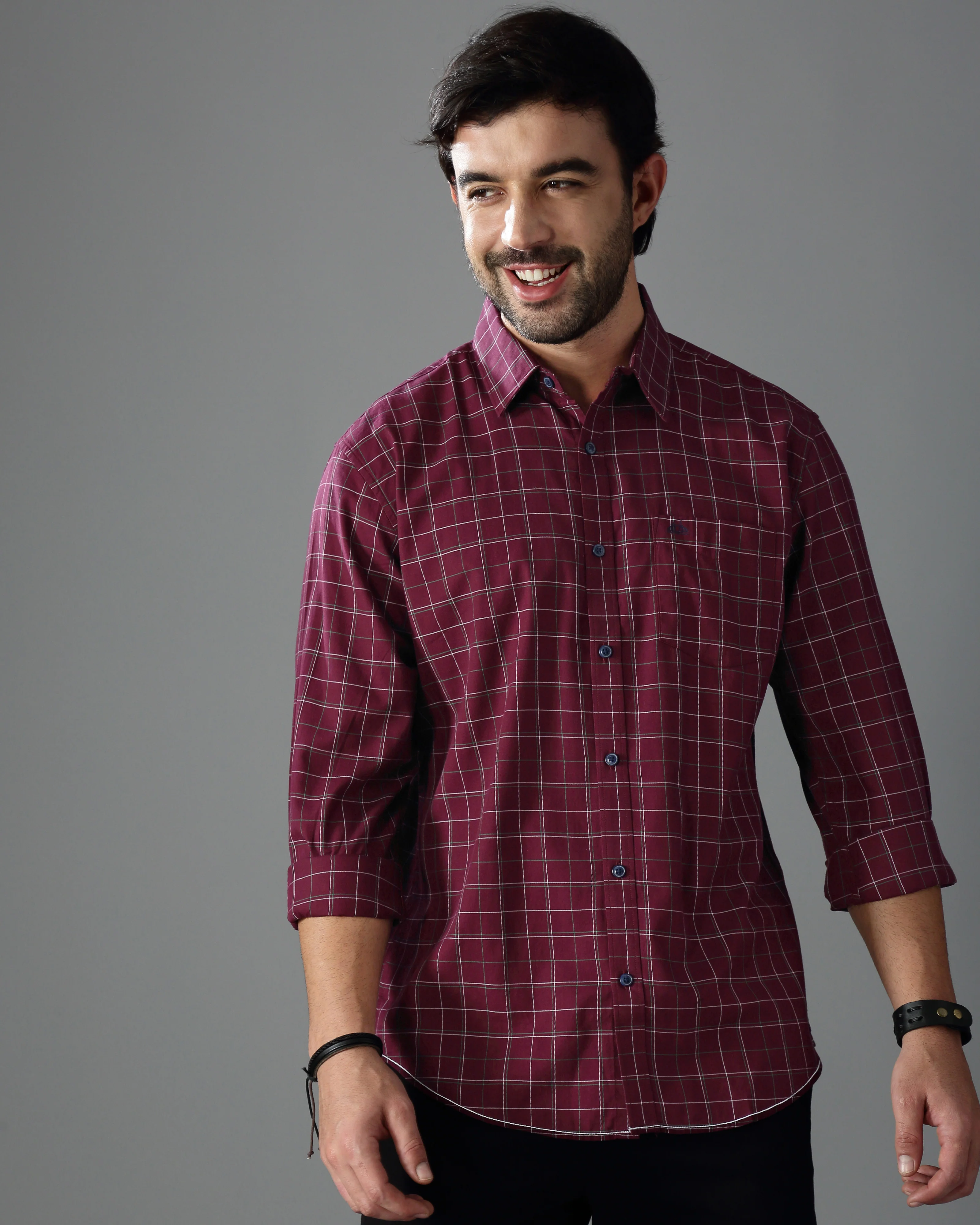 Men Burgundy Twill Checked Shirt
