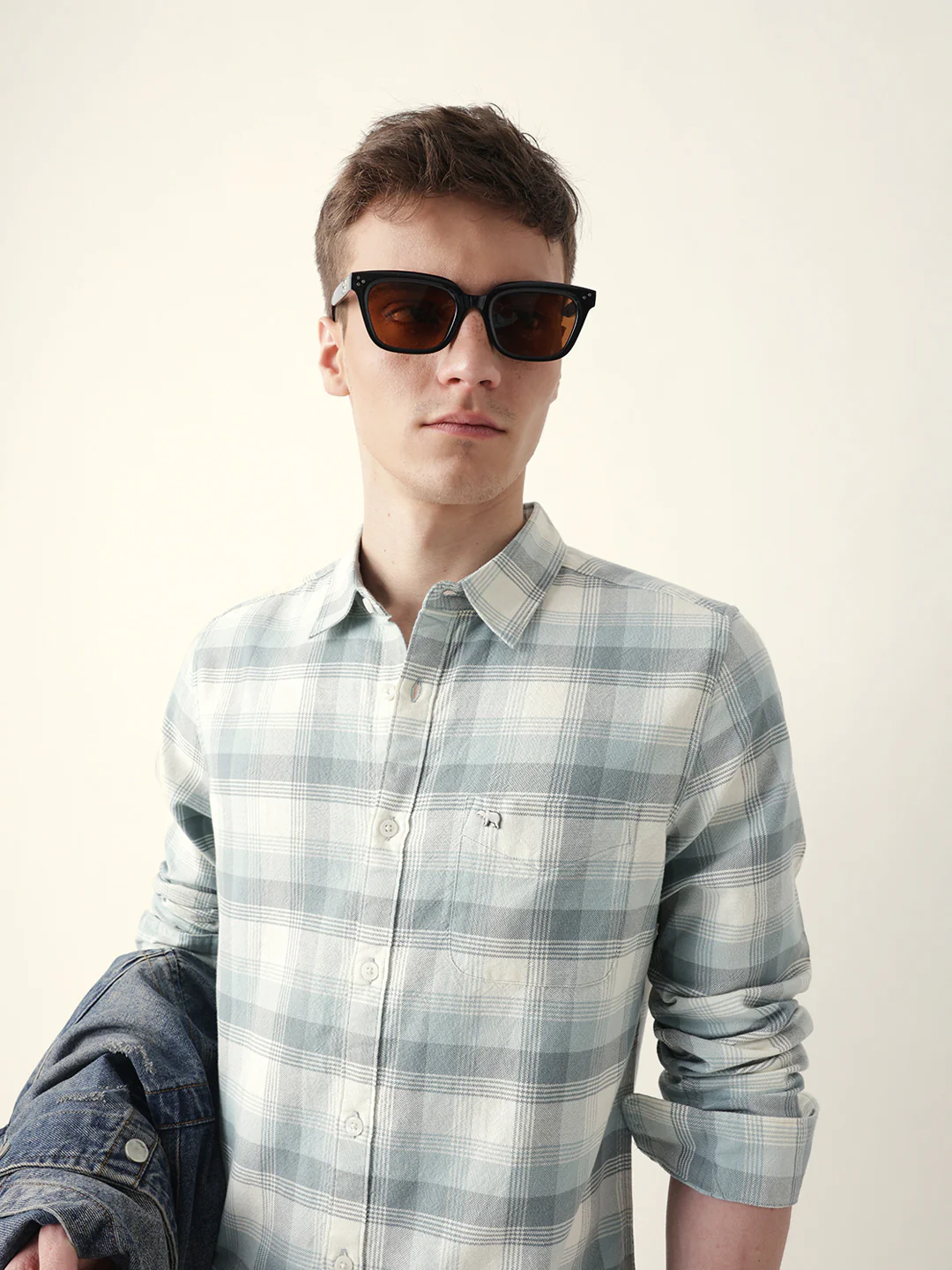 Men Casual Grey Plaid Flannel Shirt