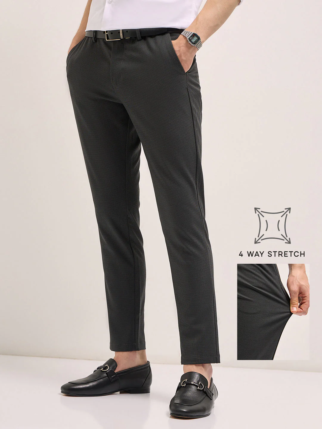 Men Charcoal Self Design 4 Way Stretch Formal Trouser