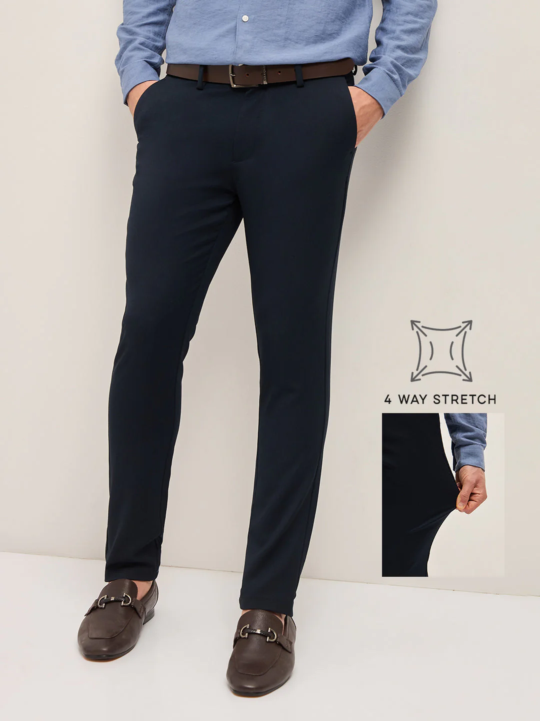 Men Classic Blue Solid 4 Way Stretch Formal Trouser