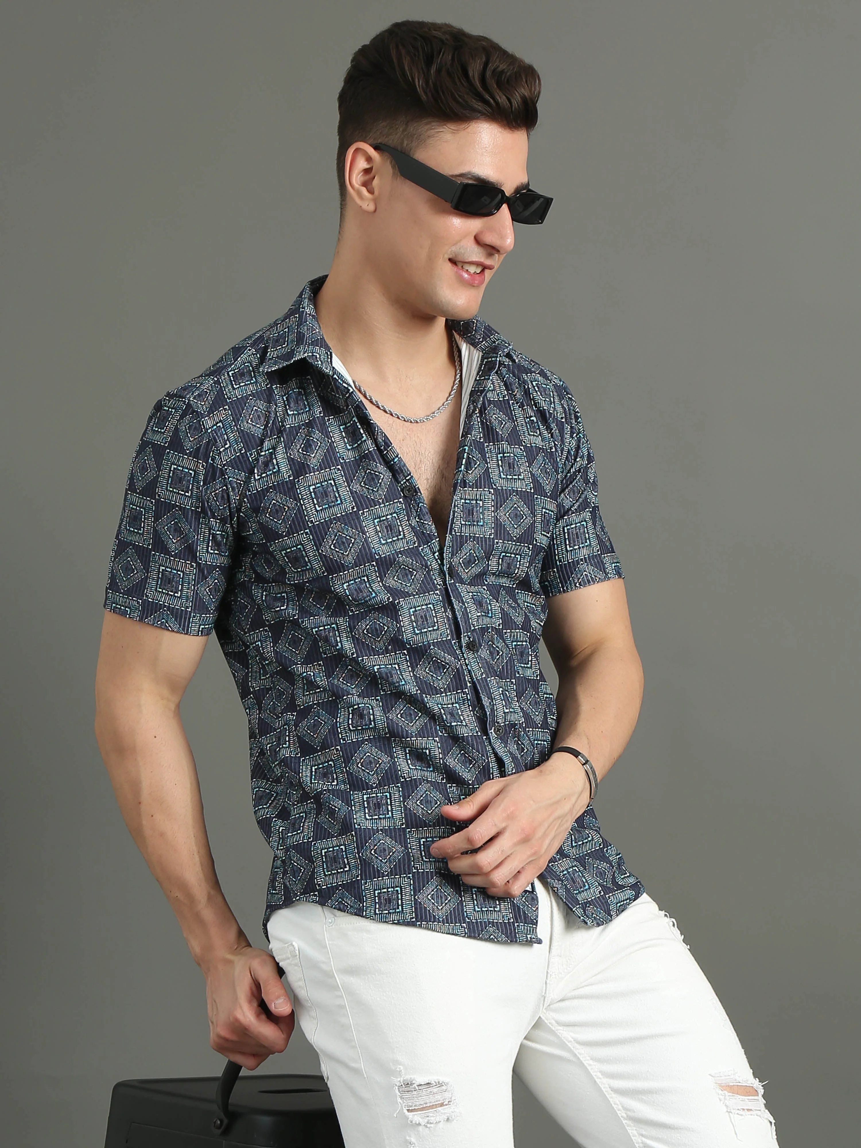 Men Cord Geometric Blue Shirt