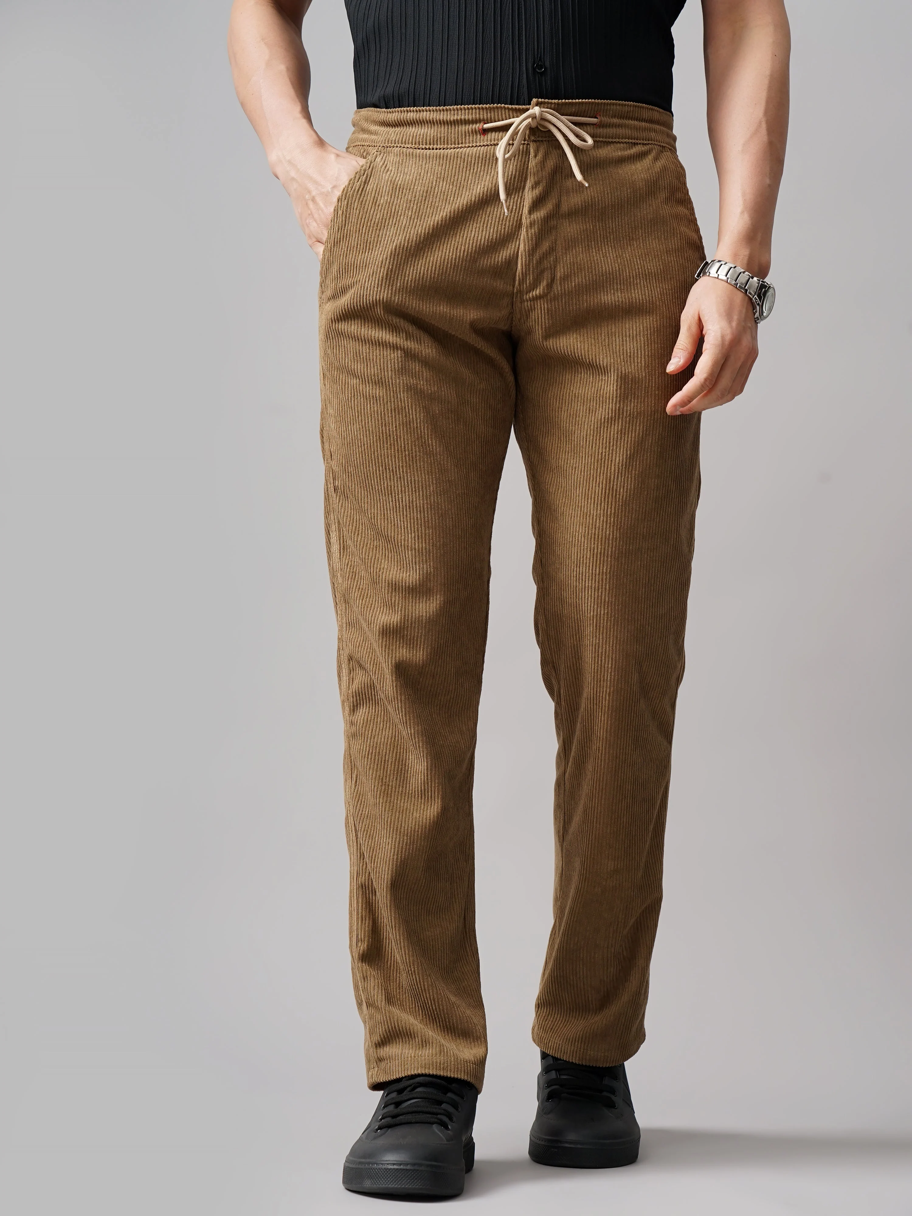 Men Corduroy Brown Regular Fit Pant