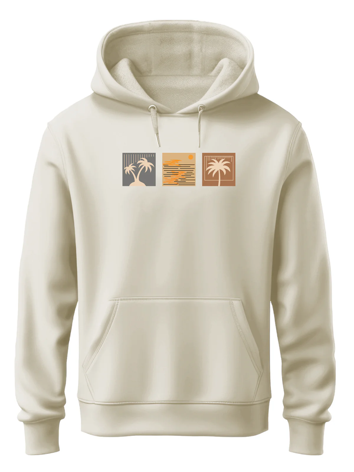 Men Cream Cotton Fleece Printed Hoodie
