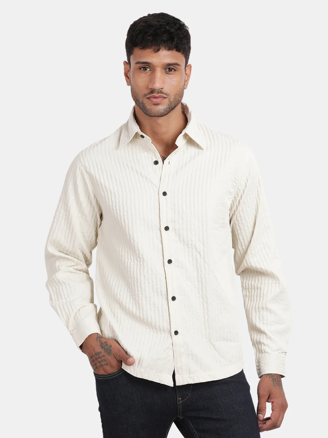 Men Cream Slim Fit Spread Collar Full Sleeve Casual Shirt