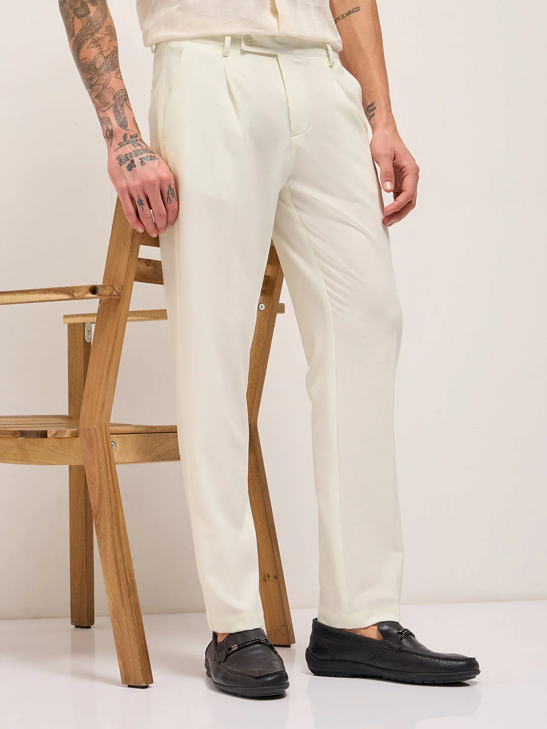 Men Cream Solid Regular Fit Formal Trousers
