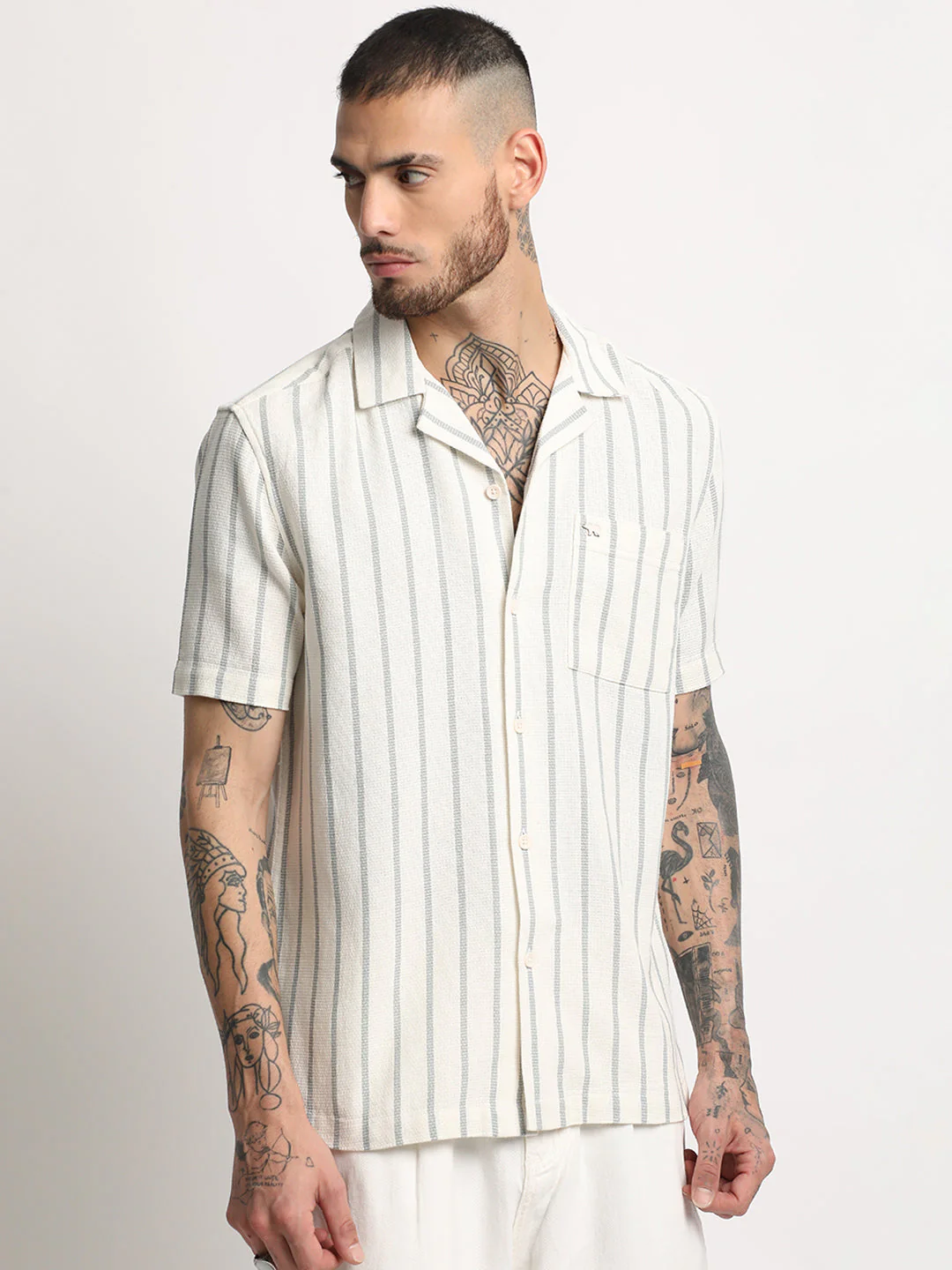 Men Cream Stripe Regular Fit Casual Shirt - Image 3