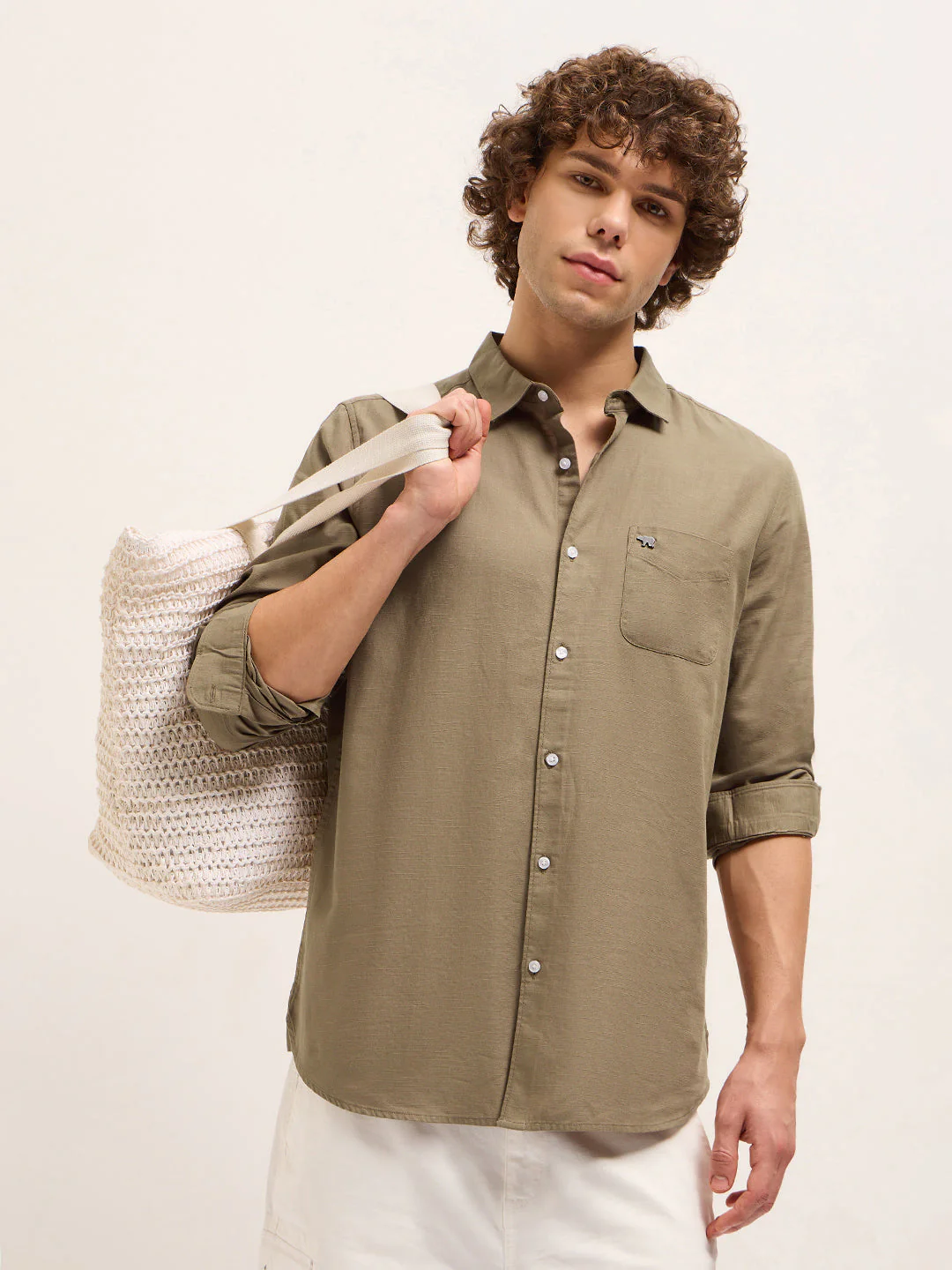 Men Dark Beige Solid Slim Fit Casual Shirt