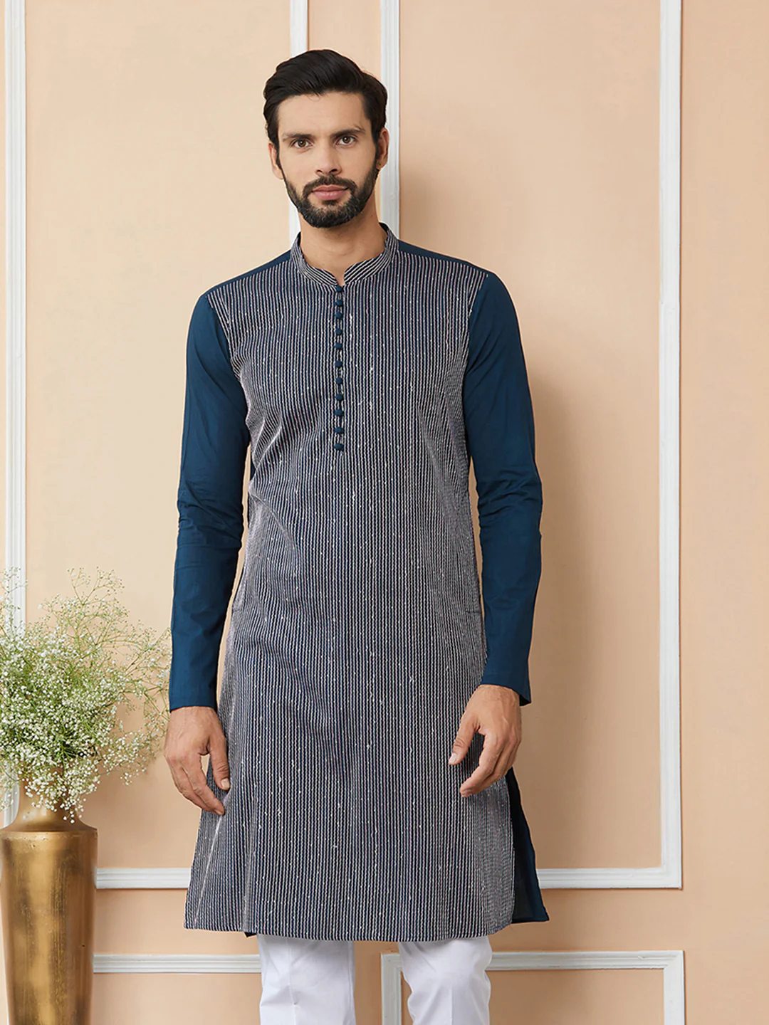 Men Dark Blue Thread & Sequin Worked Pure Cotton Straight Kurta - Image 4