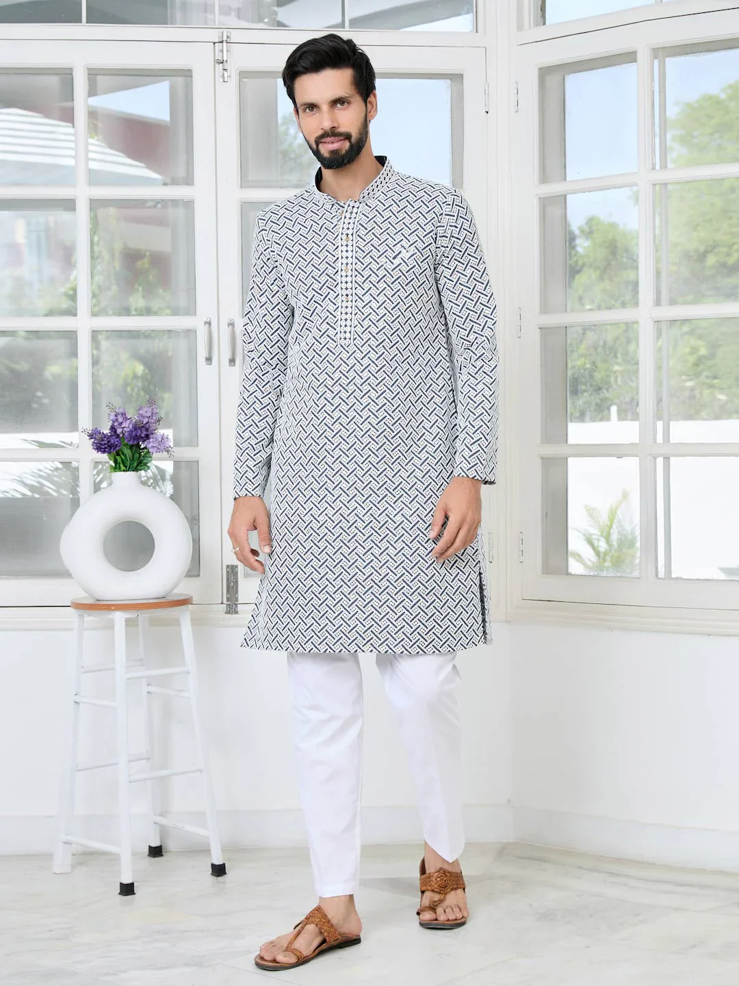 Men Grey Thread Embroidered And Sequinned Rayon Straight Kurta