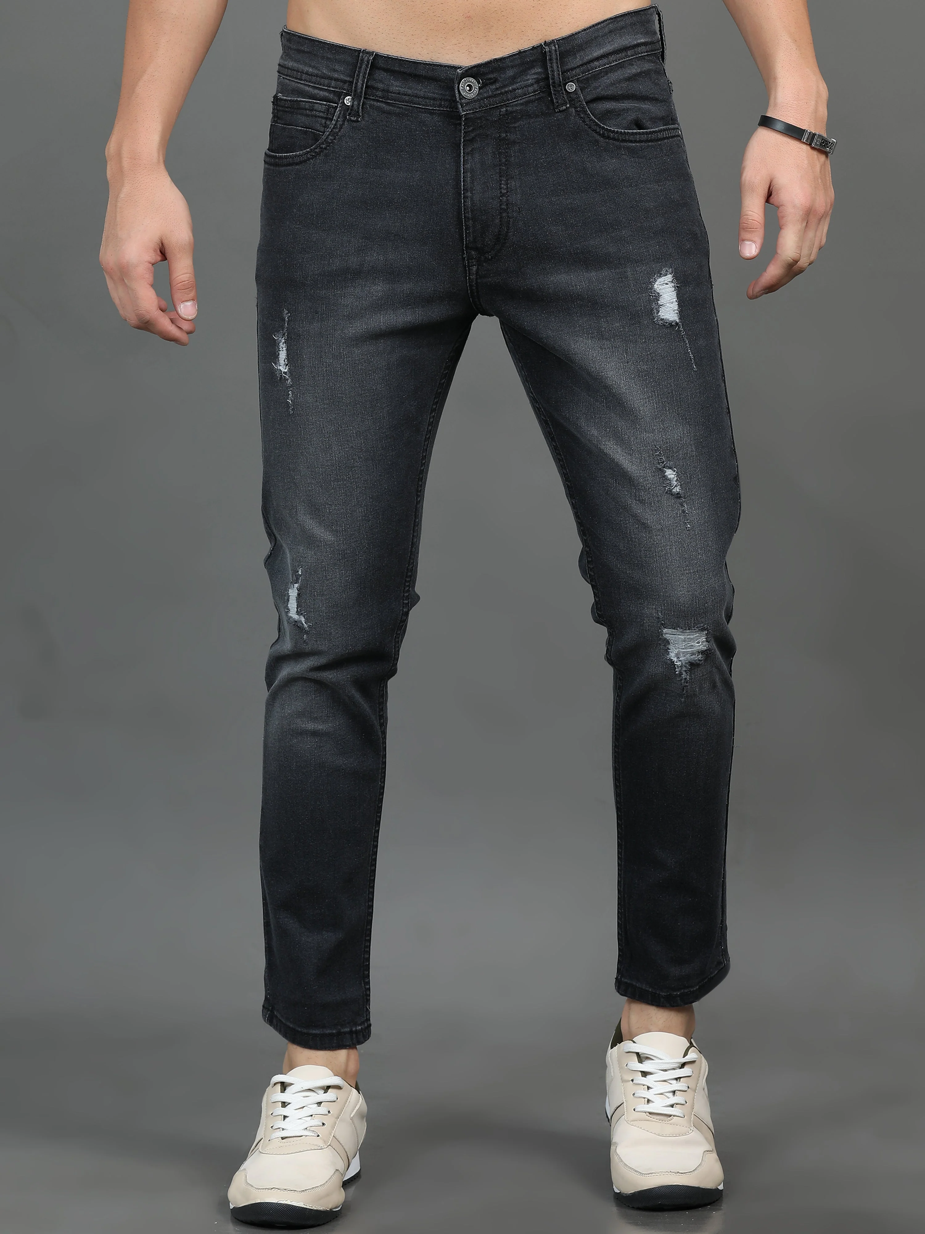 Men Frayed Charcoal Jeans