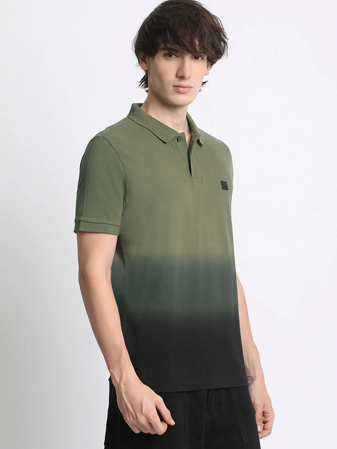 Men Gradient Olive Green to Black Polo T-Shirt - Image 3