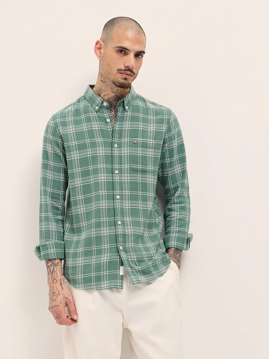 Men Green Checkered Slim Fit Casual Shirt