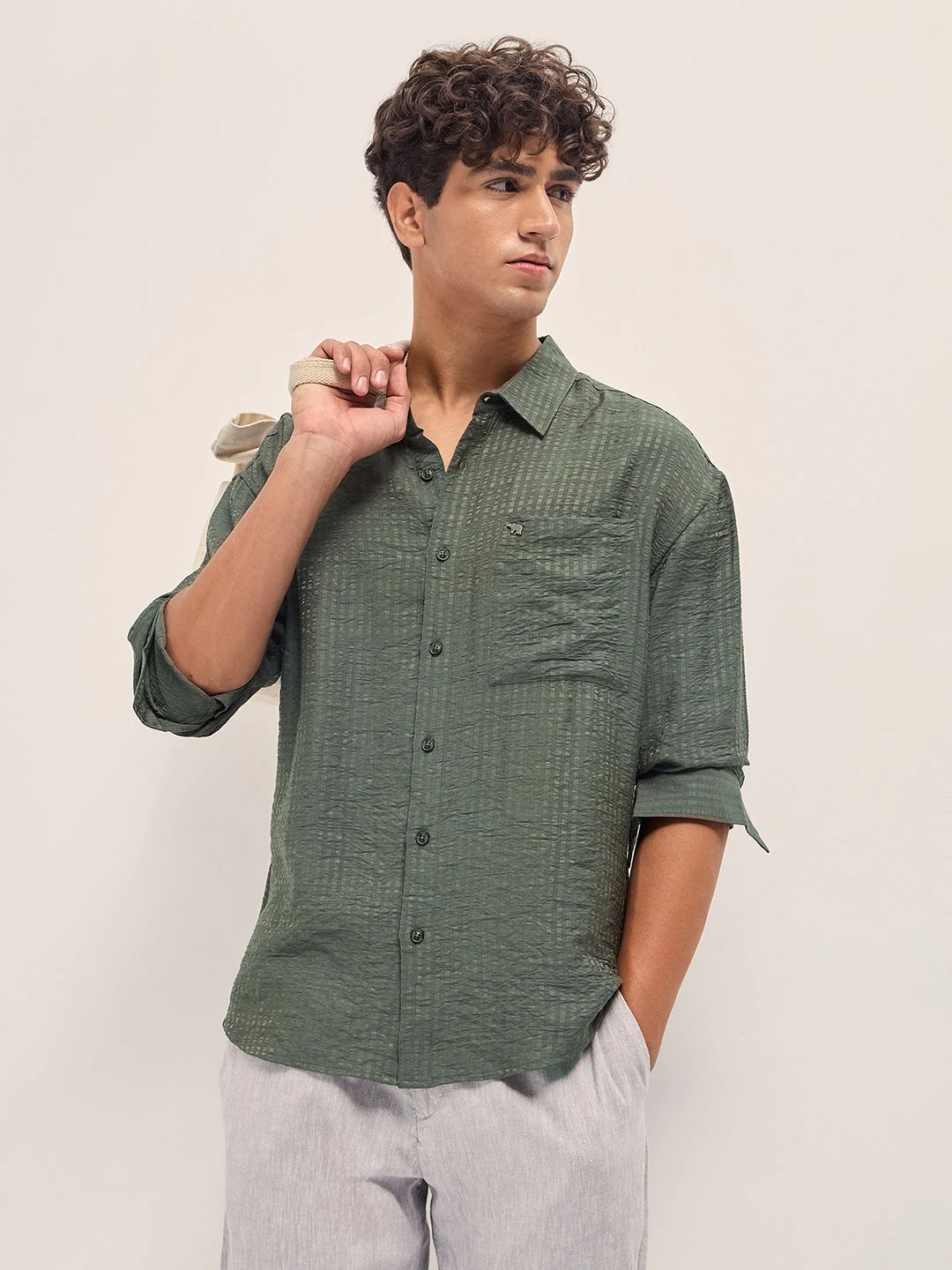 Men Green Crinkled Stripe Textured Relaxed Fit Long Sleeve Shirt