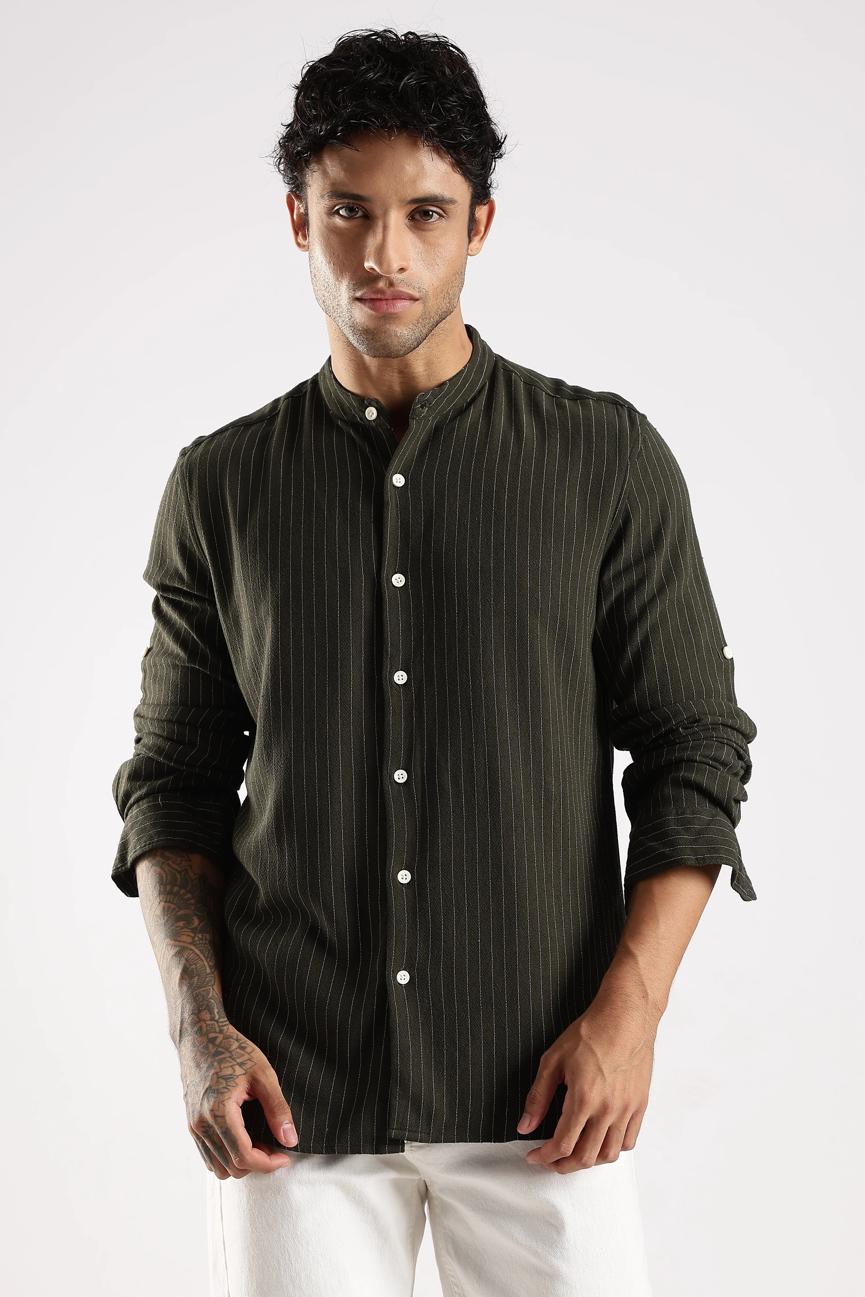 Men Green Linen Blend Striped Shirt