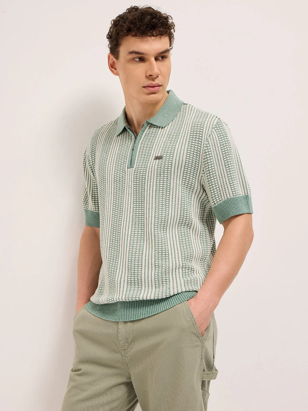 Men Green Vertical Textured Flat Knit Slim Fit Polo Shirt