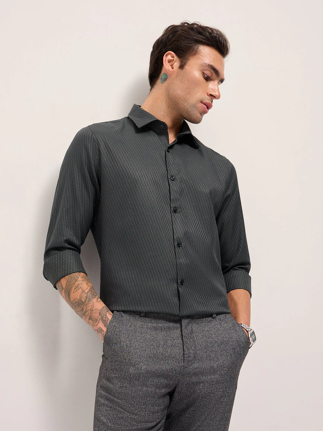Men Green Woven Design Tailored Fit Formal Shirt