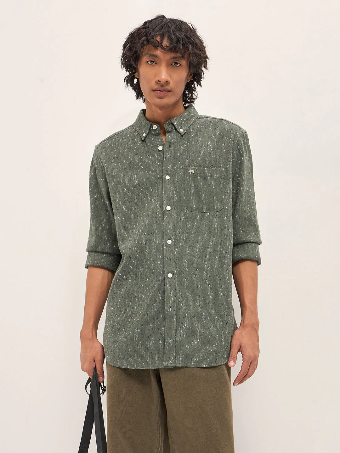 Men Green Woven Pattern Cotton Blend Slim Fit Casual Shirt