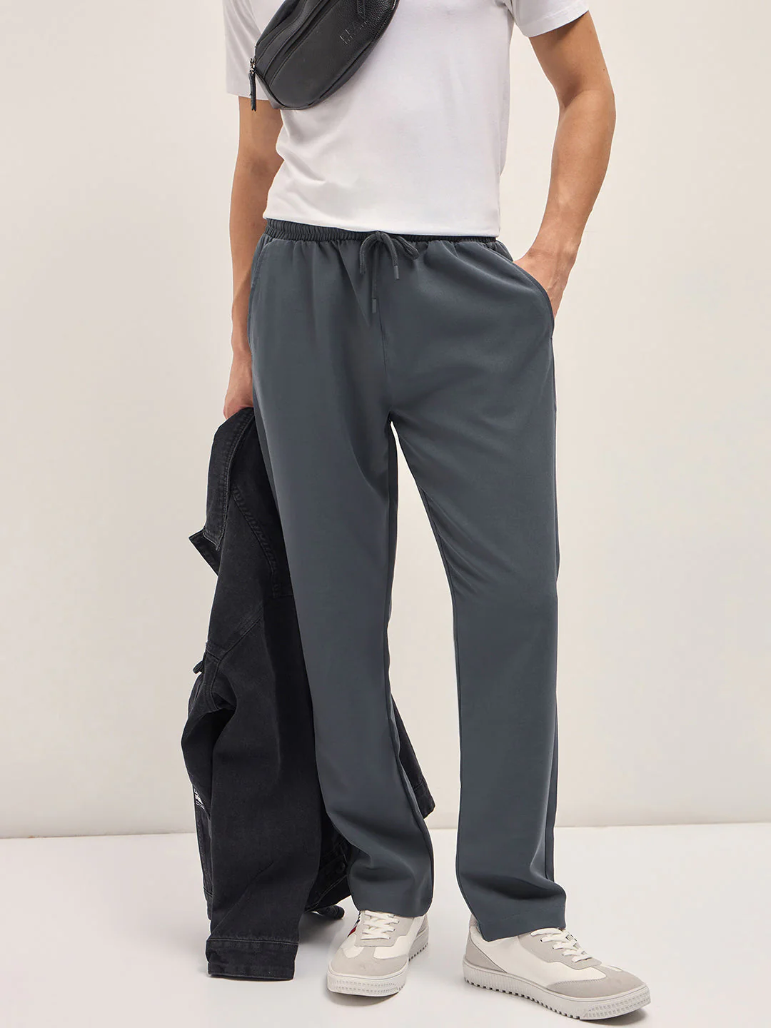 Men Grey Classic Korean-Inspired Elastic Waist Casual Trouser