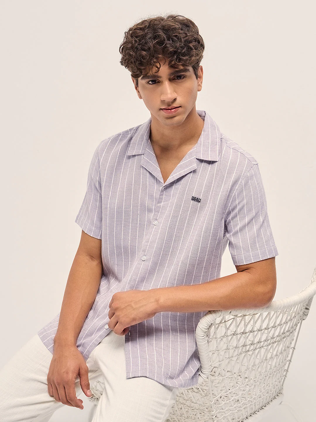Men Grey Linen Vertical Textured Stripe Relaxed Fit Half Sleeve Casual Shirt