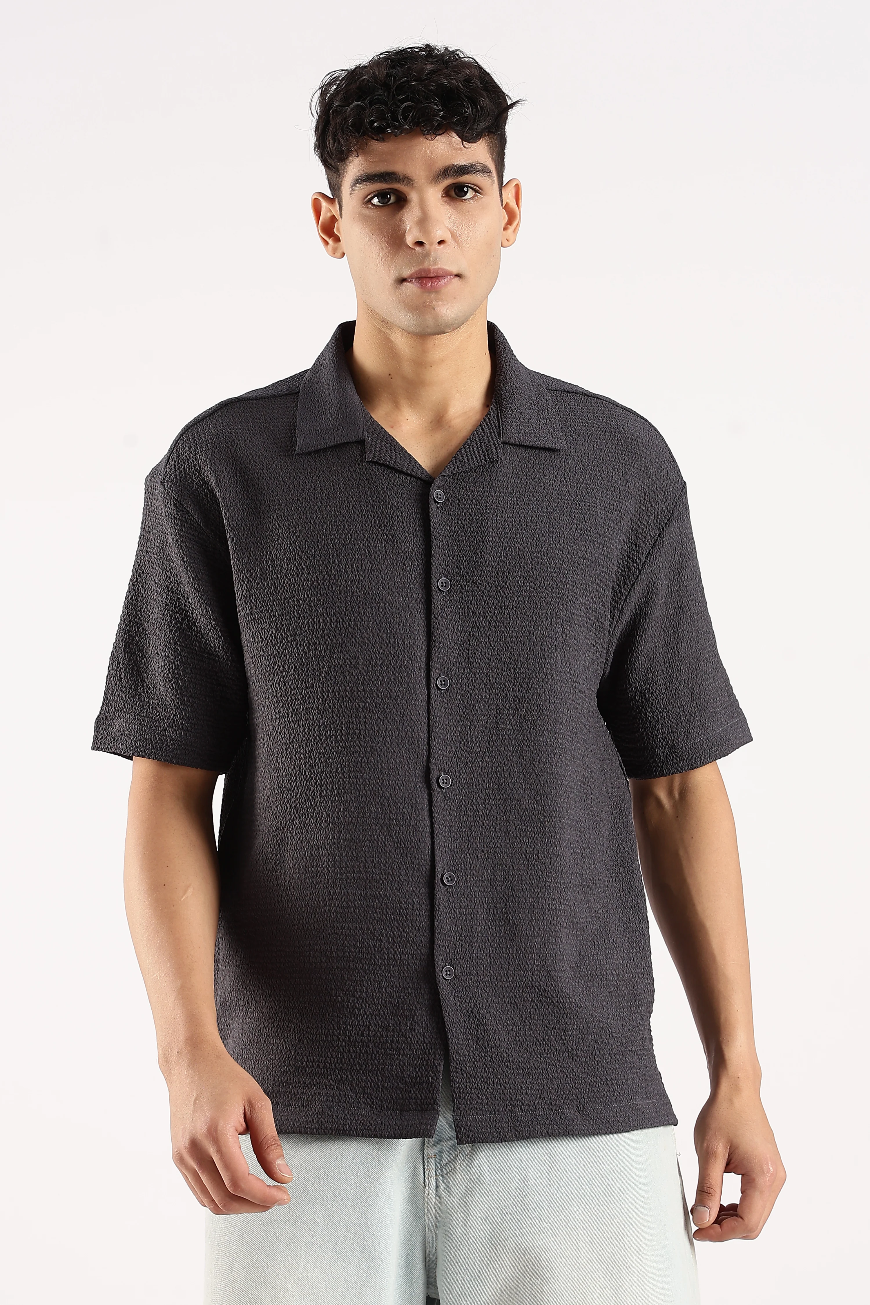 Men Grey Poly Textured Shirt