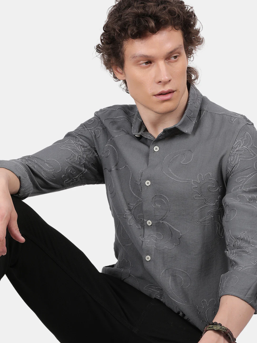Men Grey Slim Fit Spread Collar Full Sleeve Casual Shirt