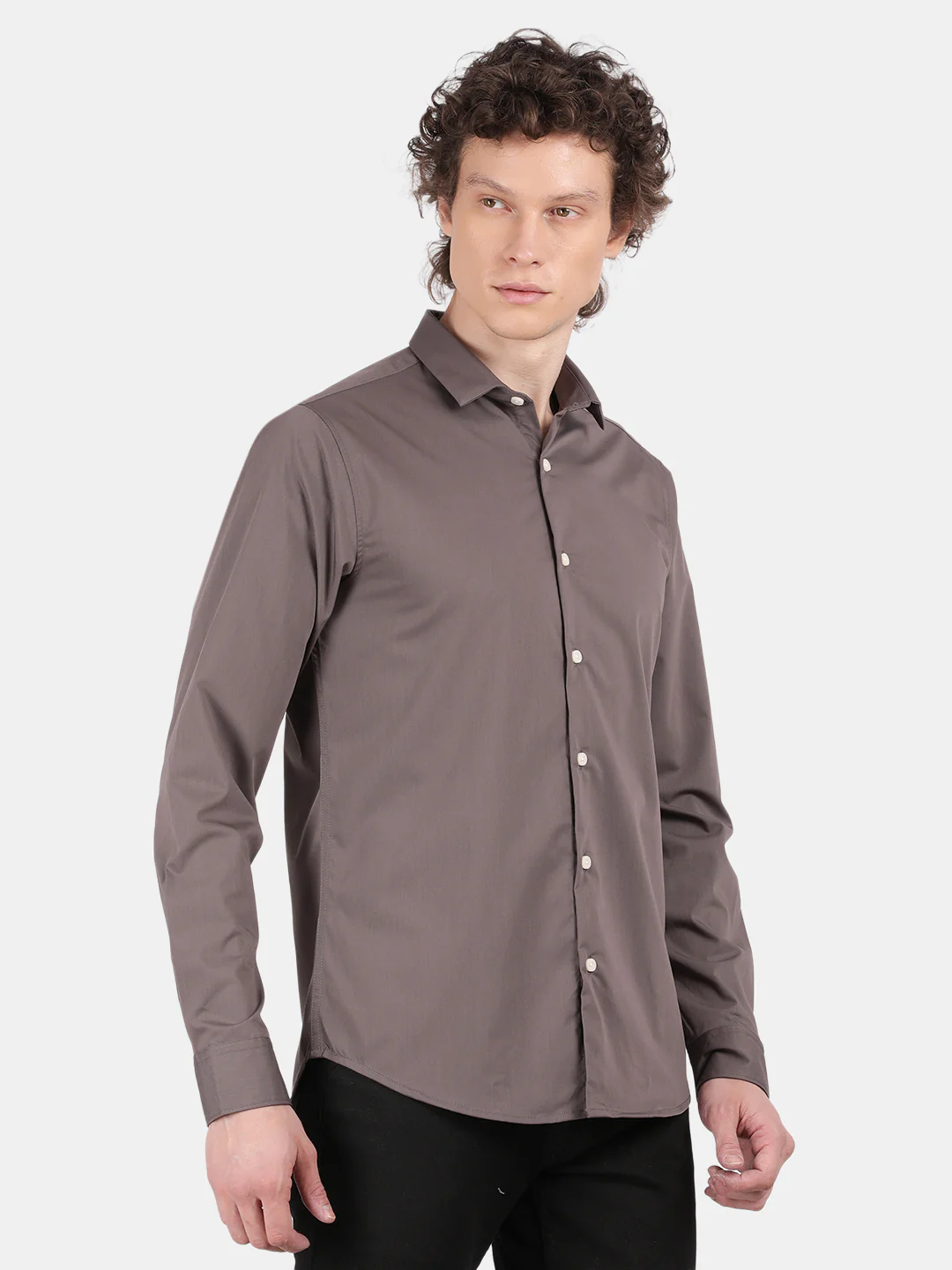 Men Grey Slim Fit Spread Collar Full Sleeve Casual Shirt