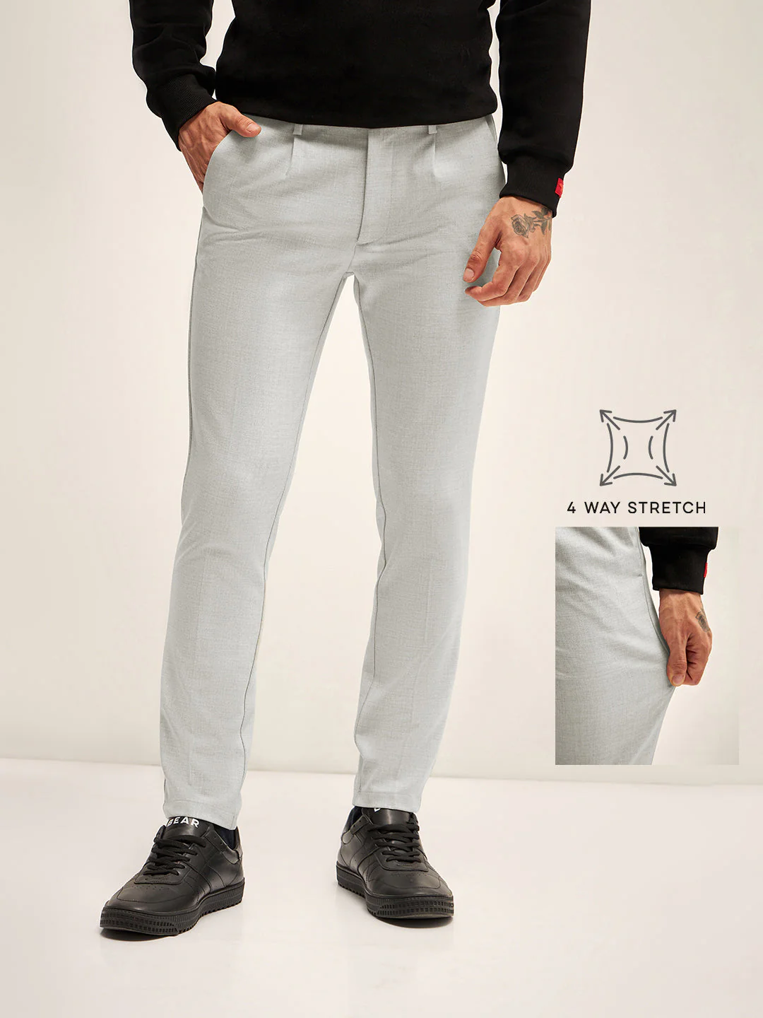Men Grey Solid 4 Way Stretch Formal Trouser