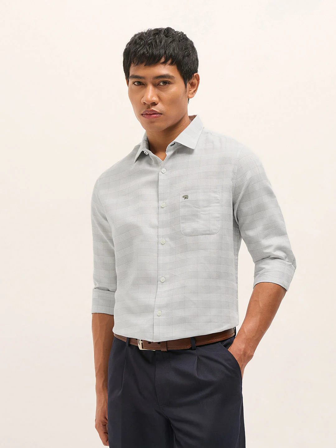 Men Grey Woven Checked Design Tailored Fit Formal Shirt
