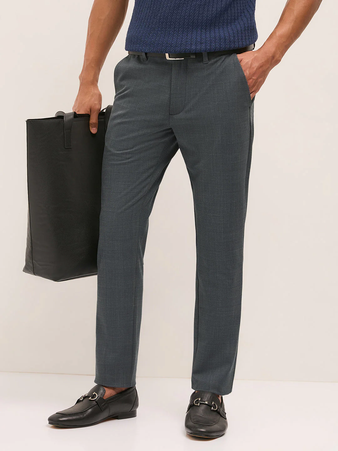 Men Grey Woven Design Slim Fit Formal Trousers