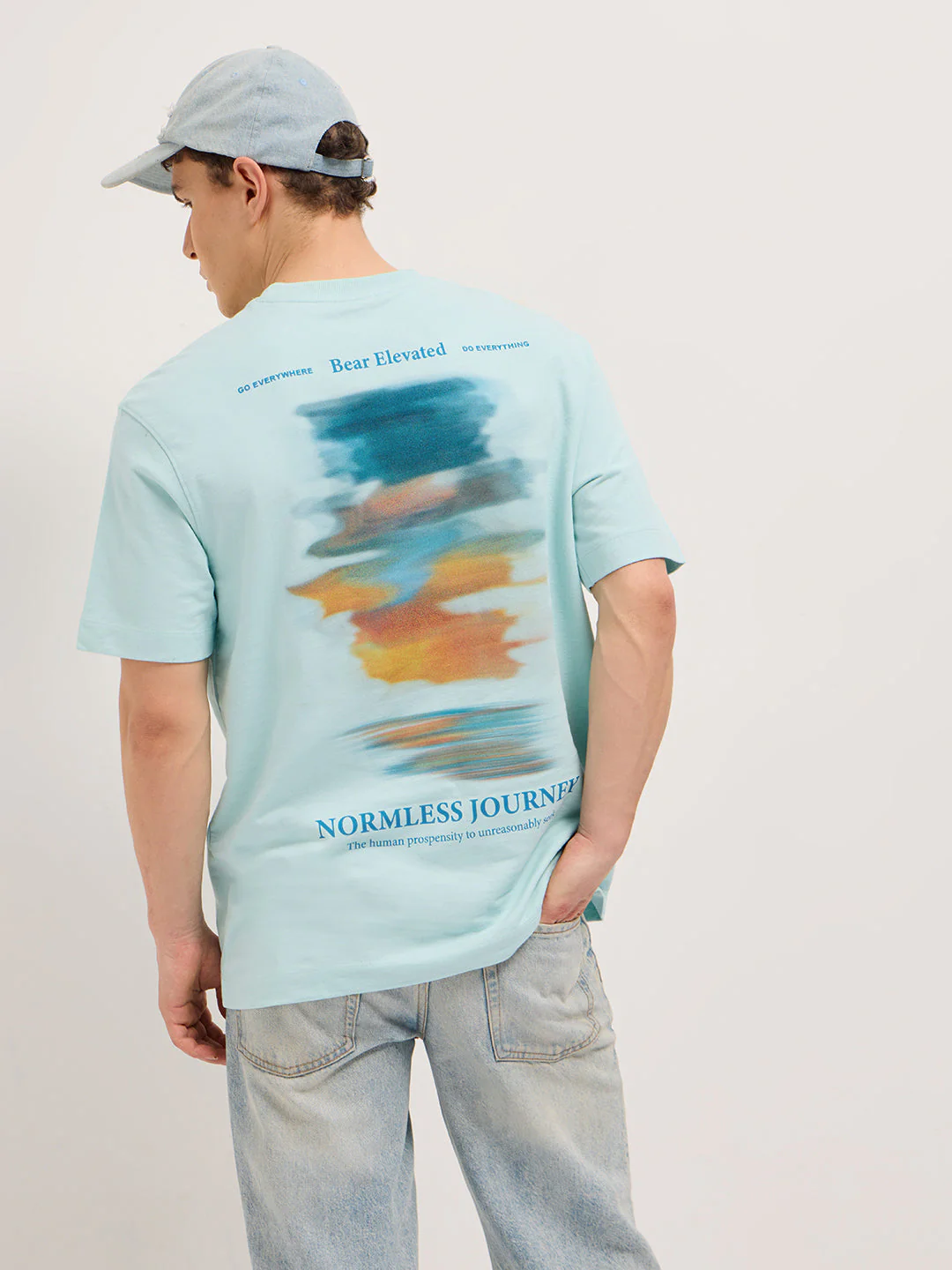 Men Light Aqua Graphic Back Print Oversized Crew Neck T-Shirt
