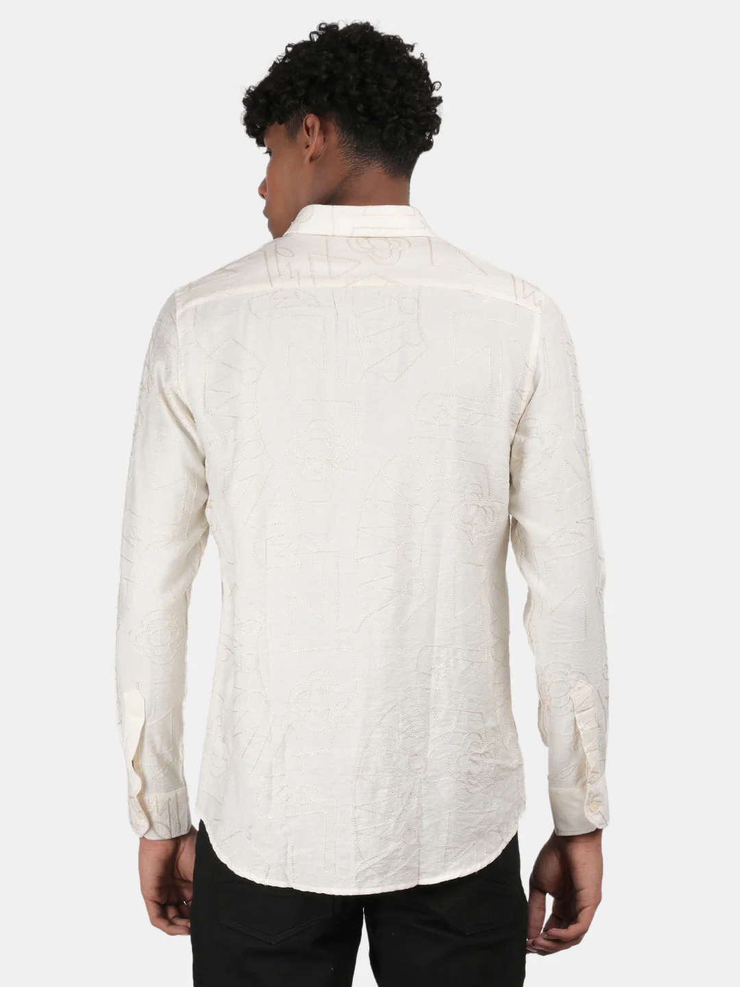Men Light Cream Slim Fit Spread Collar Full Sleeve Casual Shirt - Image 2
