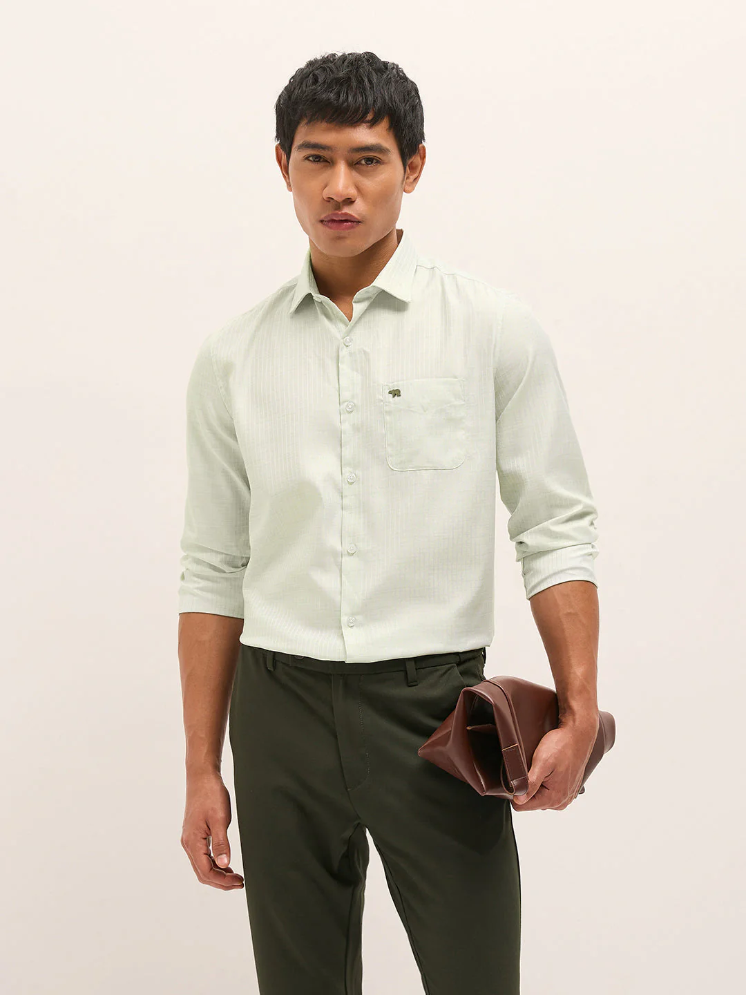 Men Light Green Woven Pinstripe Tailored Fit Formal Shirt
