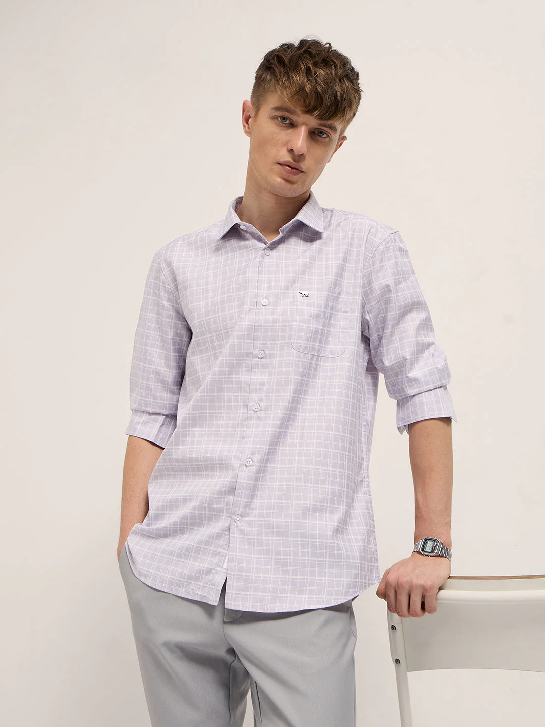 Men Light Purple Checked Tailored Fit Formal Shirt.