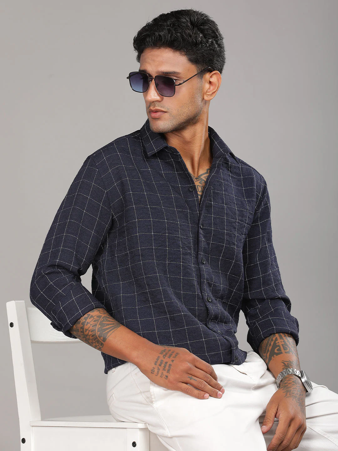 Men Linovite Checks Navy Shirt