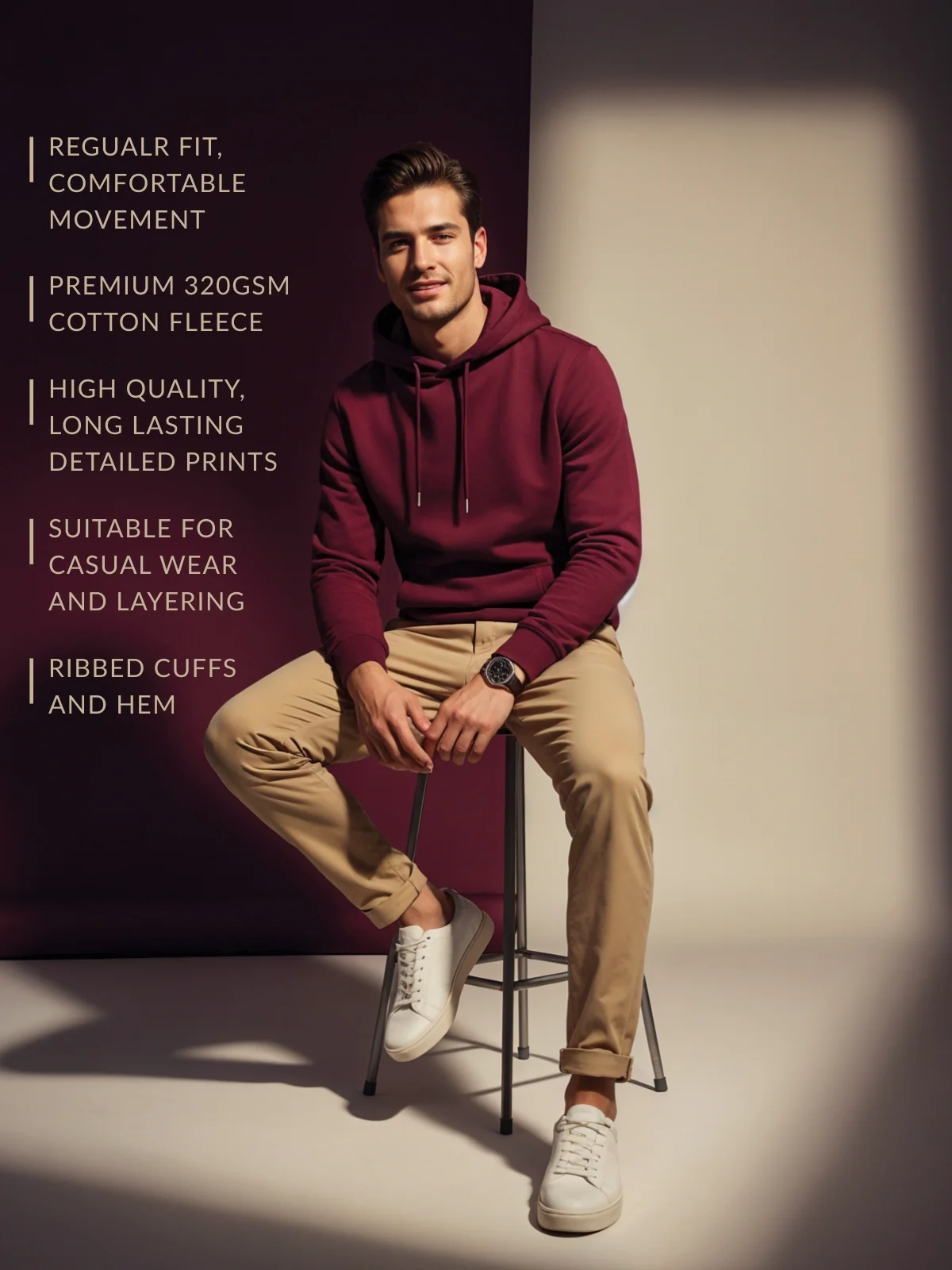 Men Maroon Cotton Fleece Hoodie - Image 3