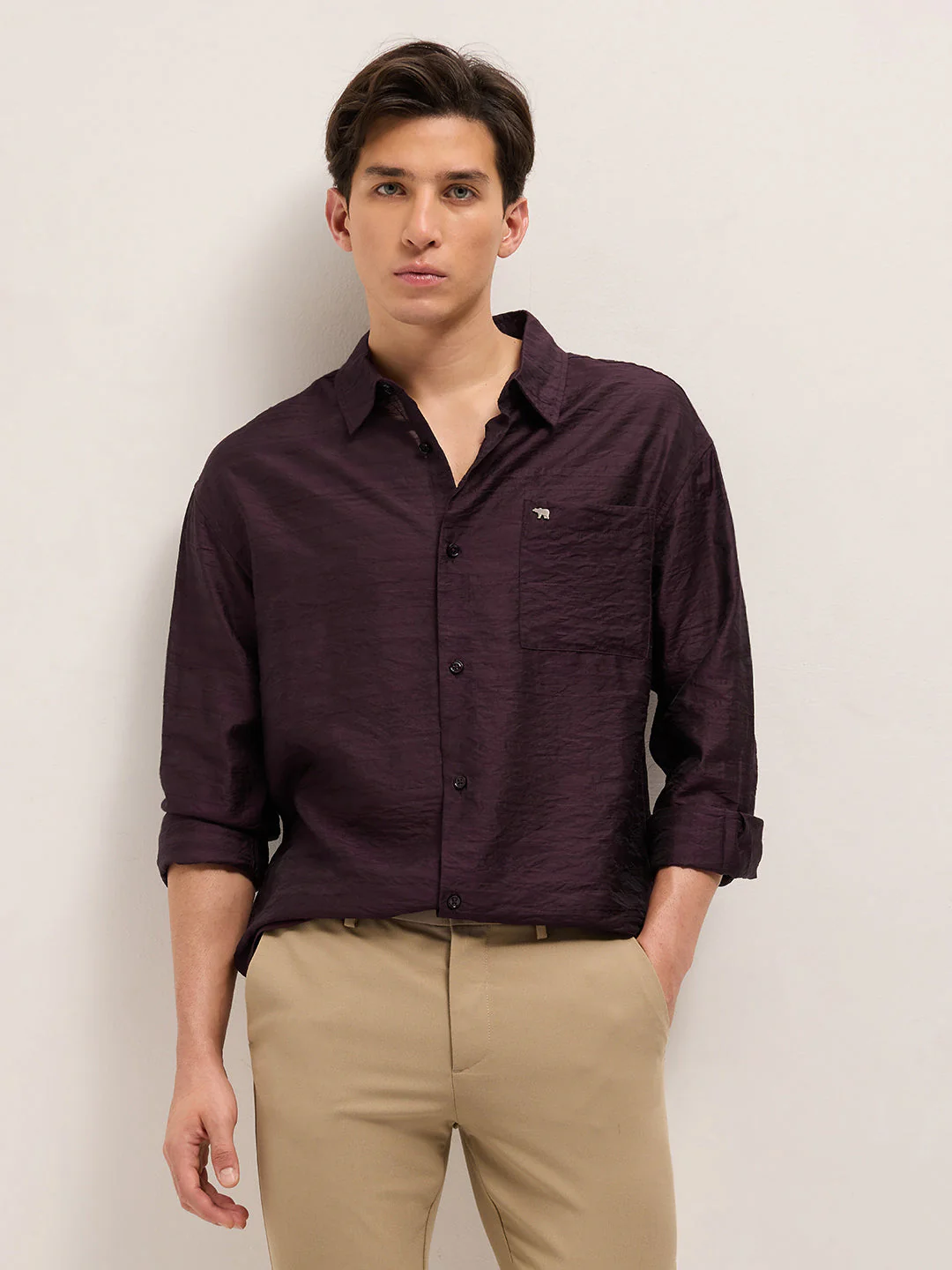 Men Maroon Crinkled Horizontal Textured Stripe Relaxed Fit Casual Shirt