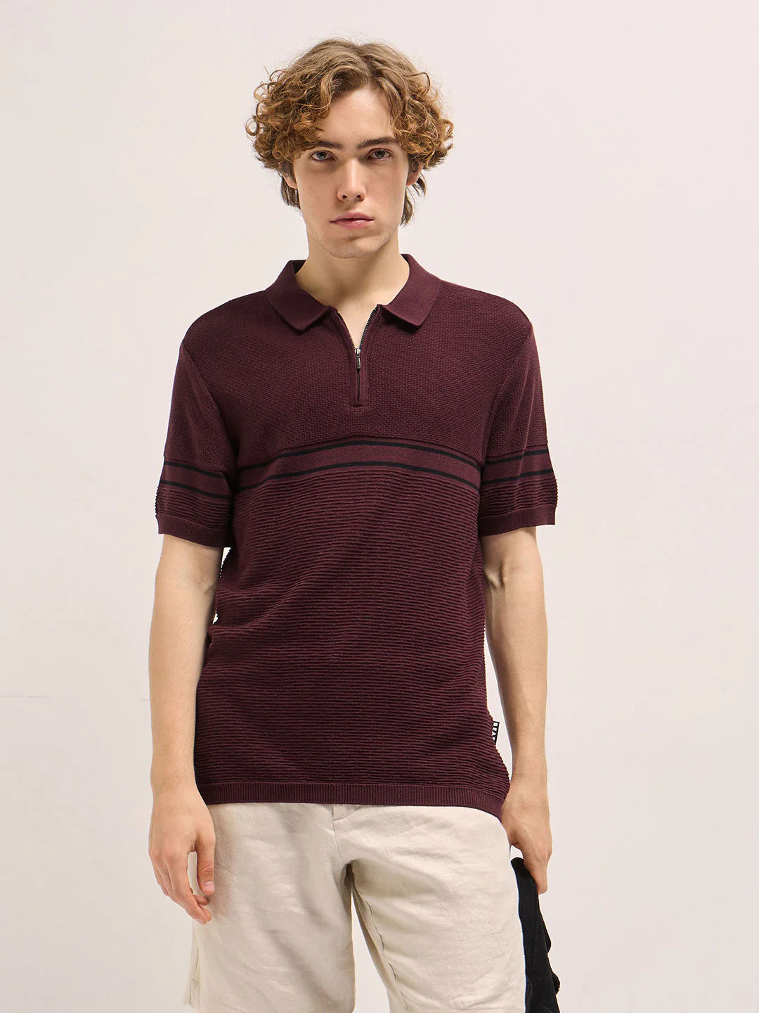 Men Maroon Horizontal Textured Knit Regular Fit Polo T-shirt