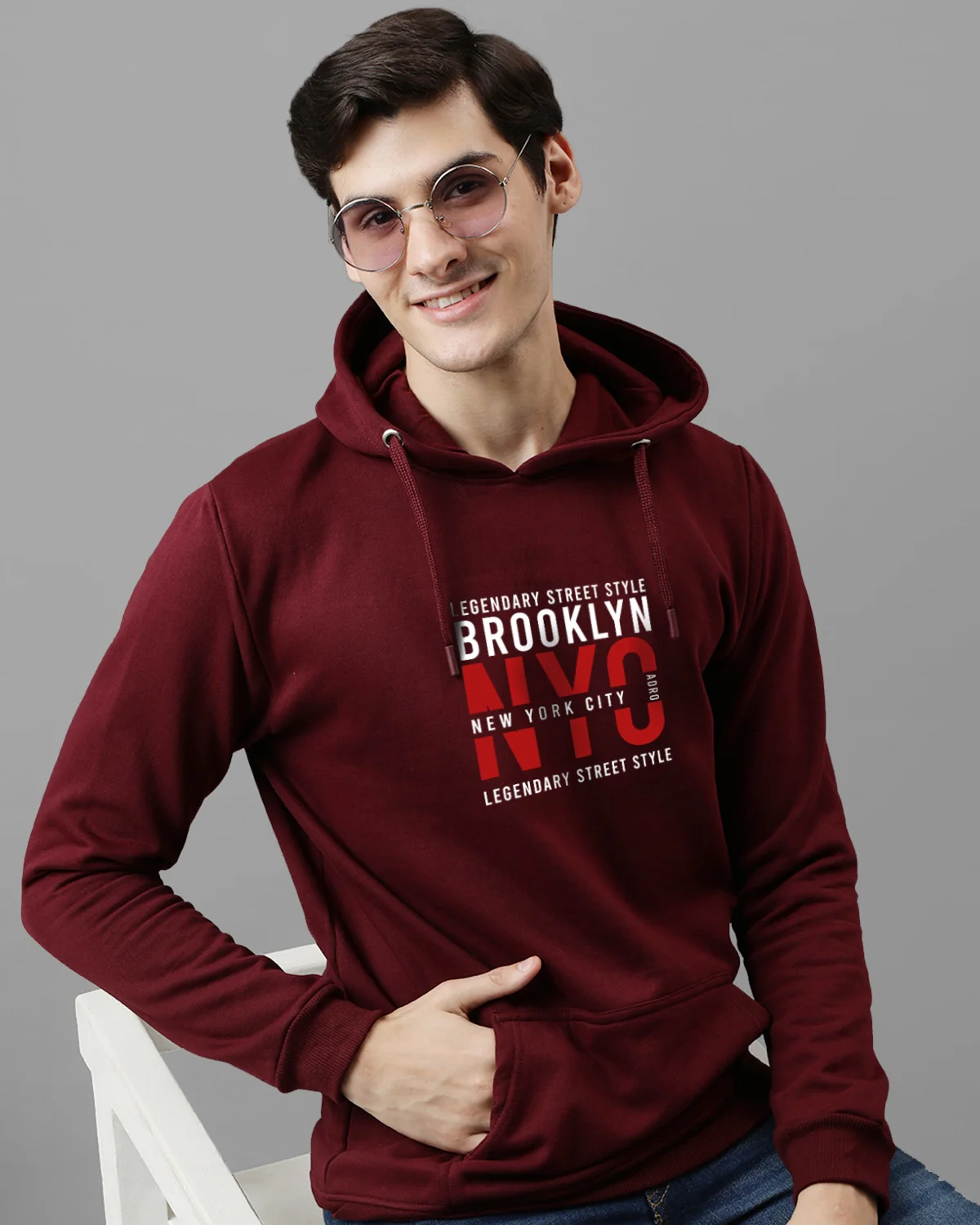 Men Maroon Printed Cotton Hoodie