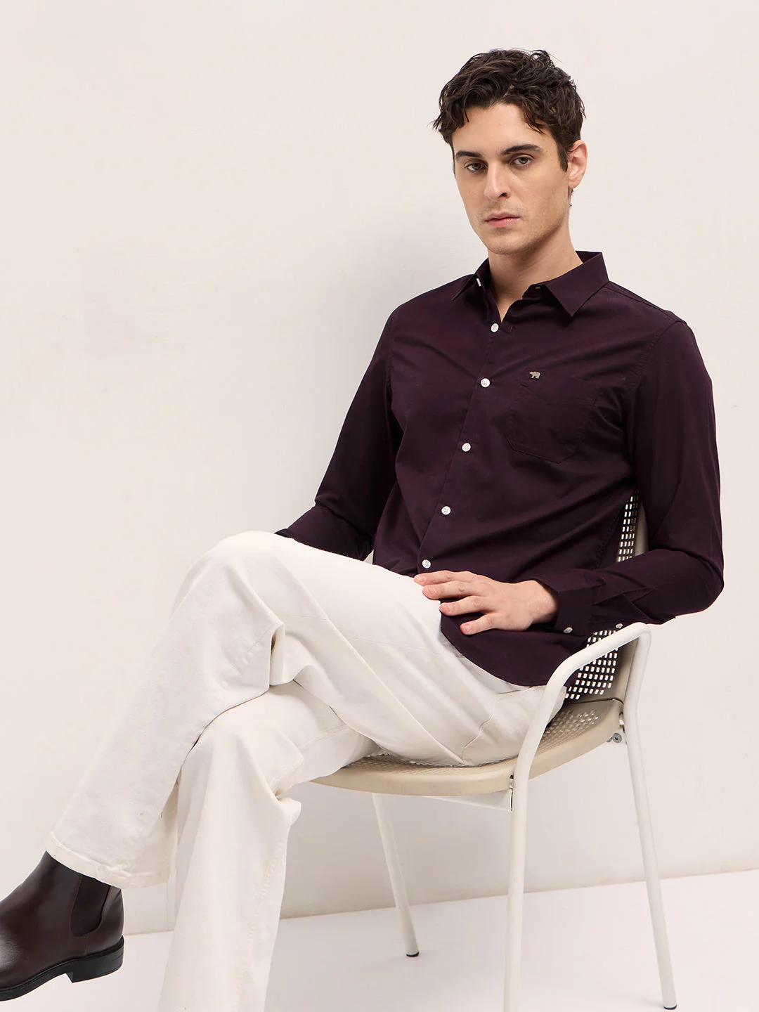 Men Maroon Solid Slim Fit Polyester Casual Shirt